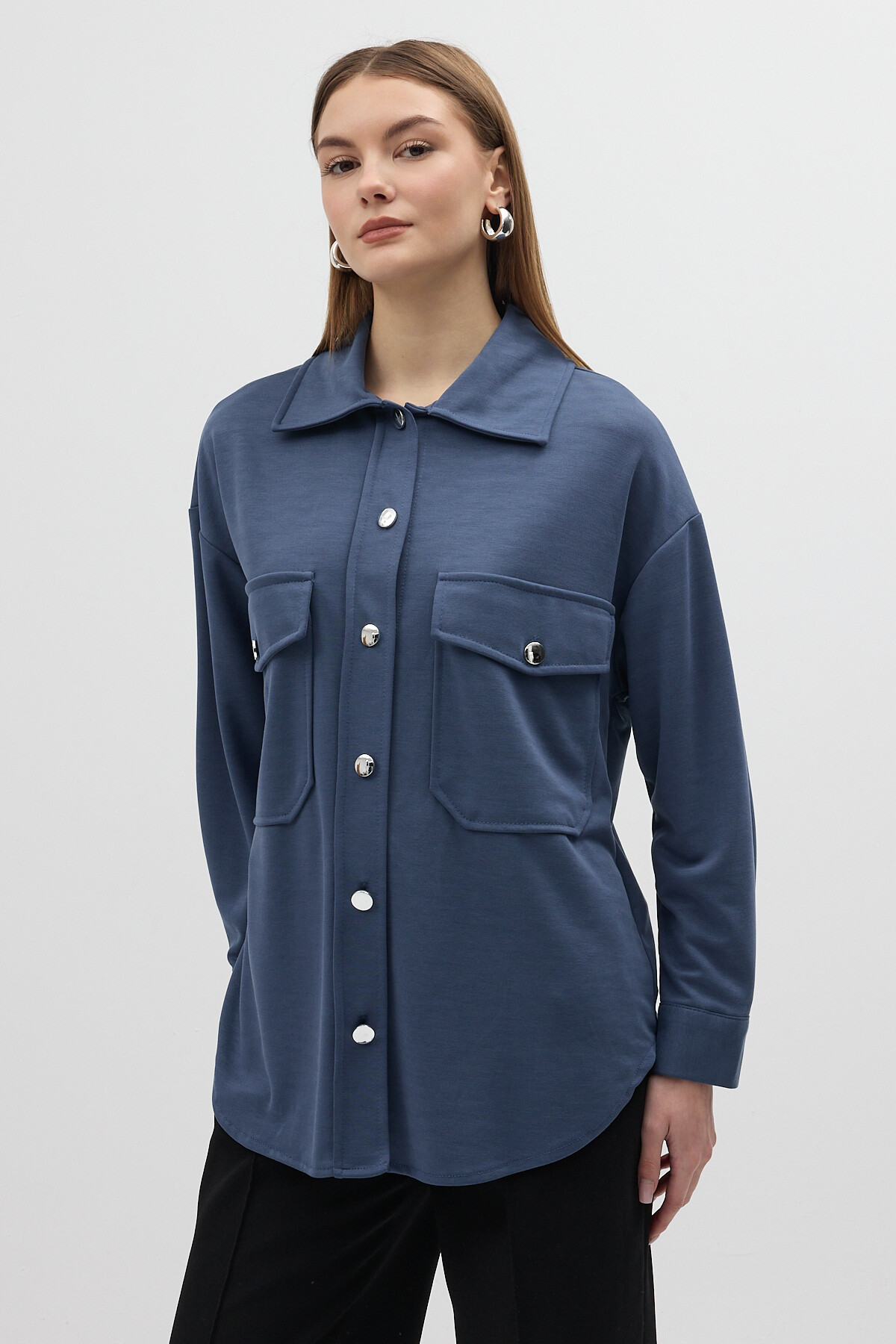 İndigo Büyük Cepli Ceket Yaka Uzun Kollu Kadın Gömlek 8108A 