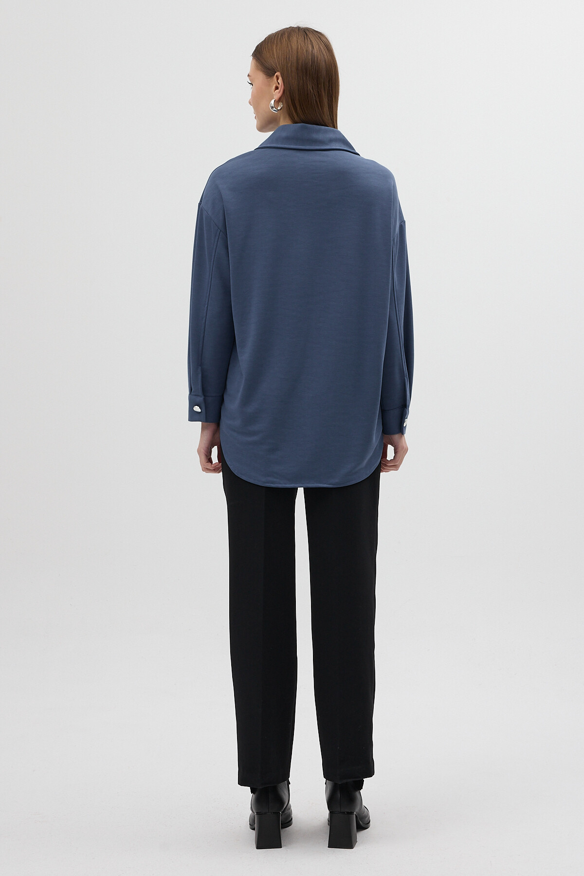 İndigo Büyük Cepli Ceket Yaka Uzun Kollu Kadın Gömlek 8108A - 4