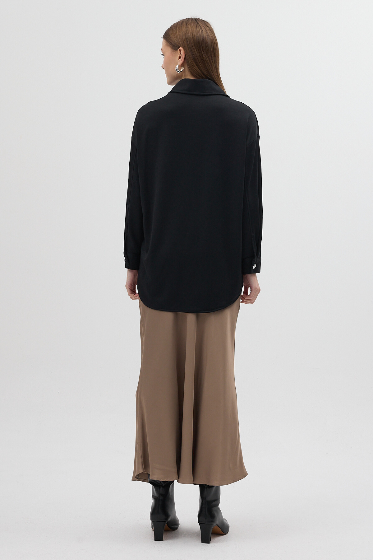 Siyah Büyük Cepli Ceket Yaka Uzun Kollu Kadın Gömlek 8108A - 4