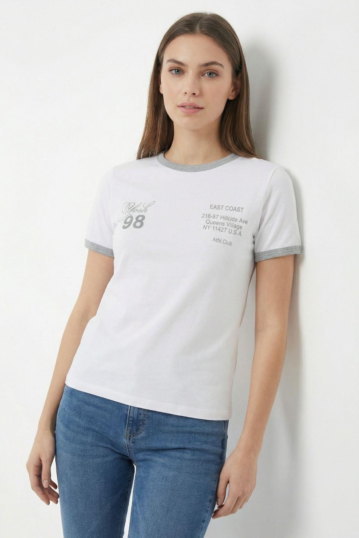 Gri Yazı Baskılı Yaka Detay Tişört 8109 - RAYS