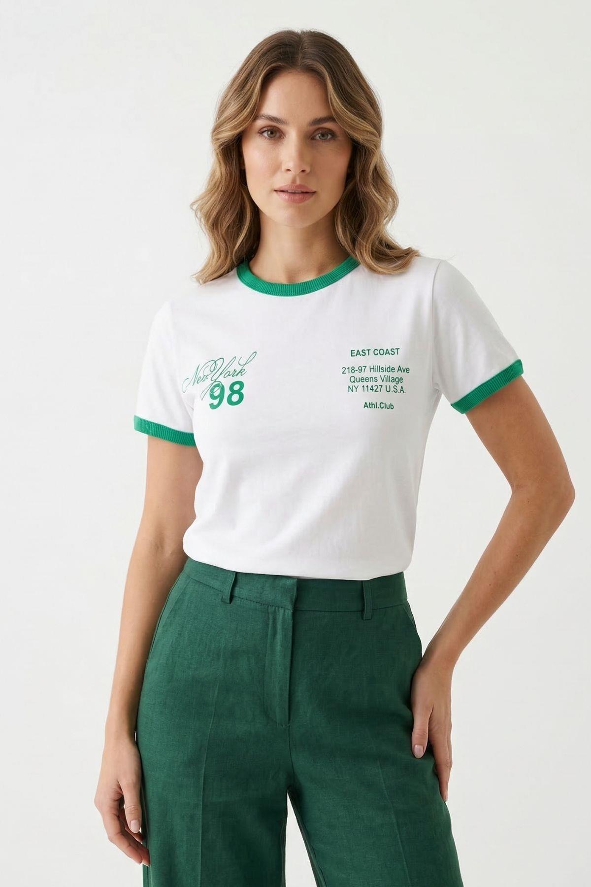 8109 Yazı Baskılı Yaka Detay Tişört Yeşil - 1