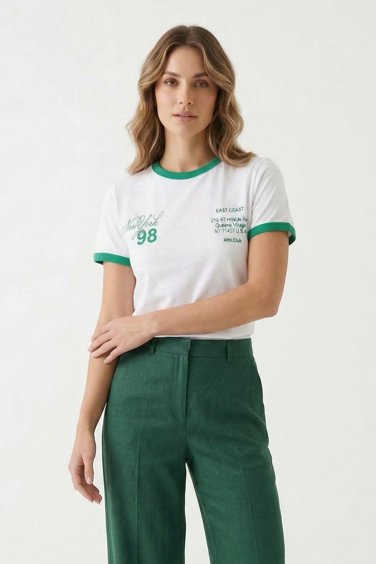 Yeşil Yazı Baskılı Yaka Detay Tişört 8109 - RAYS