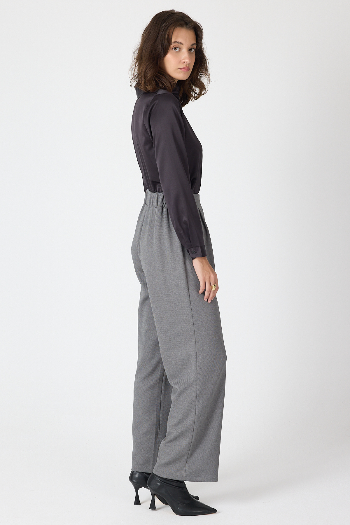 Antrasit Gold Düğme Detaylı Bol Paça Kadın Pantolon 8111A - 5