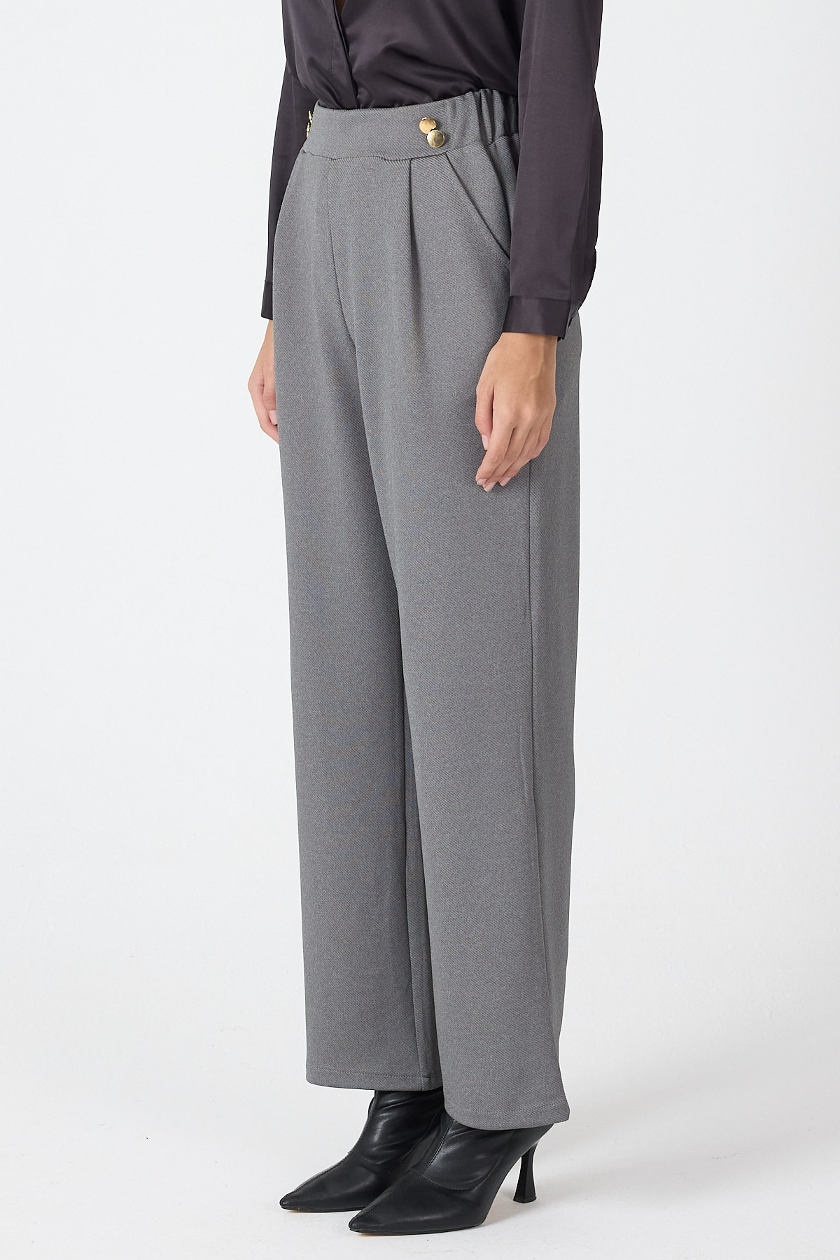 Antrasit Gold Düğme Detaylı Bol Paça Kadın Pantolon 8111A - 3