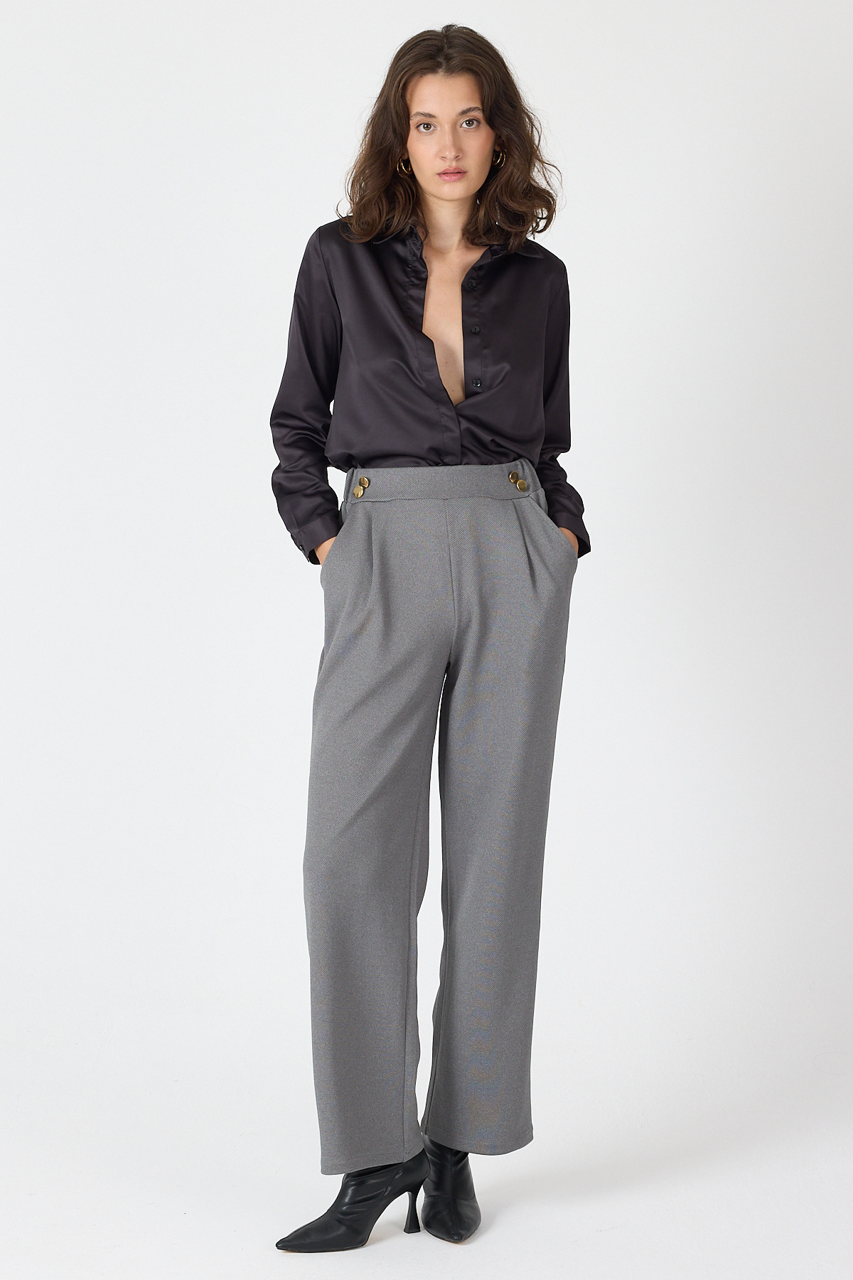 Antrasit Gold Düğme Detaylı Bol Paça Kadın Pantolon 8111A - 1