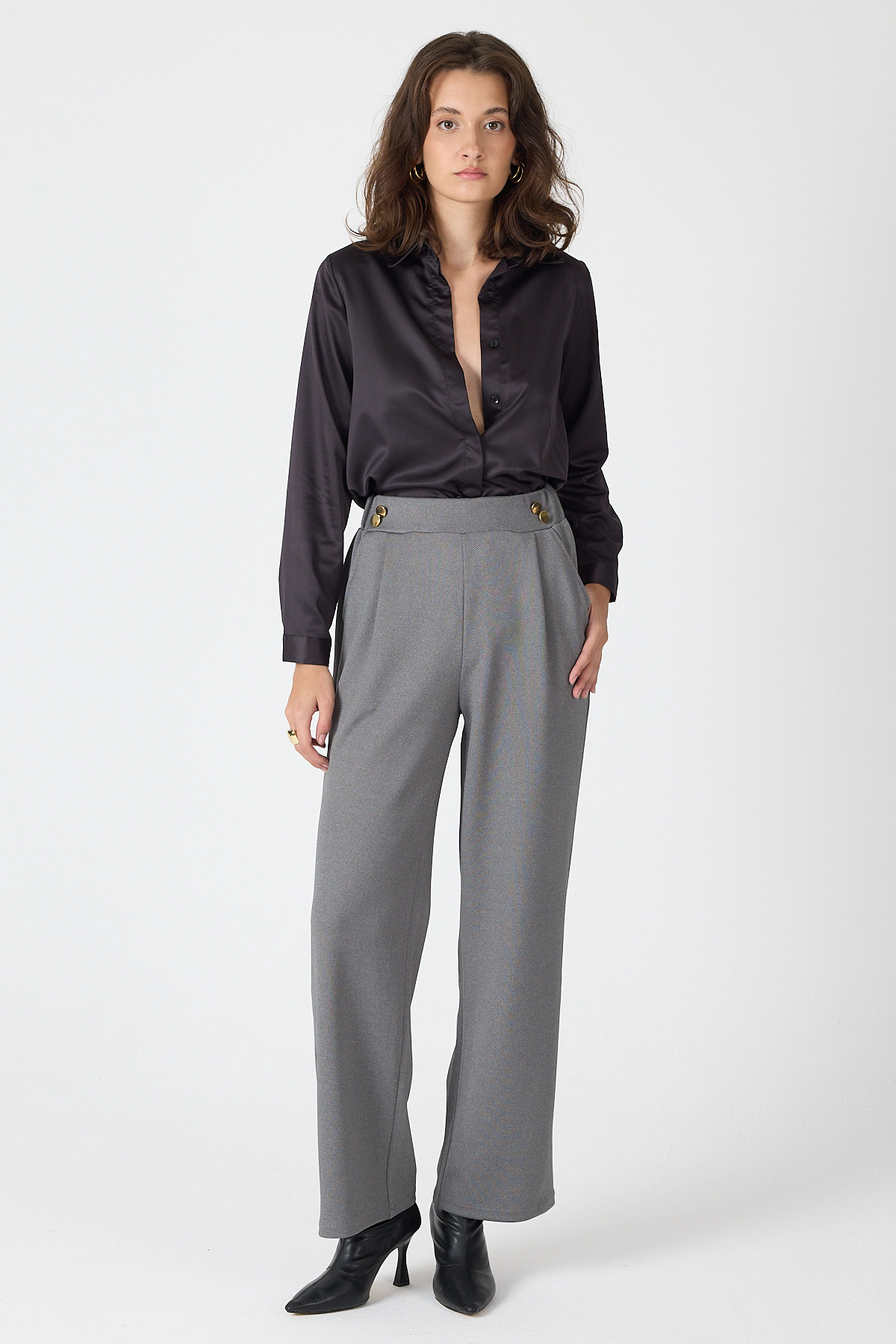 Antrasit Gold Düğme Detaylı Bol Paça Kadın Pantolon 8111A - 2