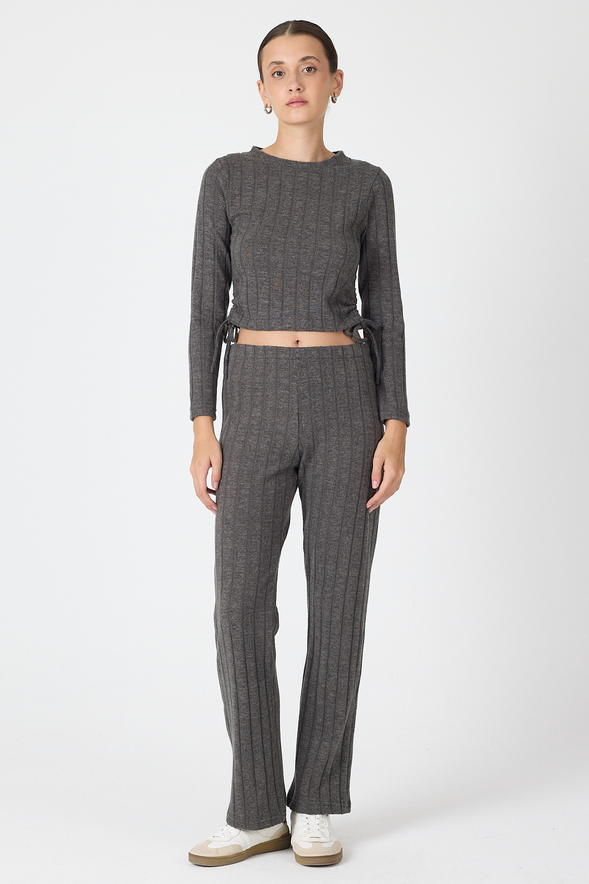 Antrasit Fitilli Crop Bluz Pantolon İkili Takımı 8114A - RAYS