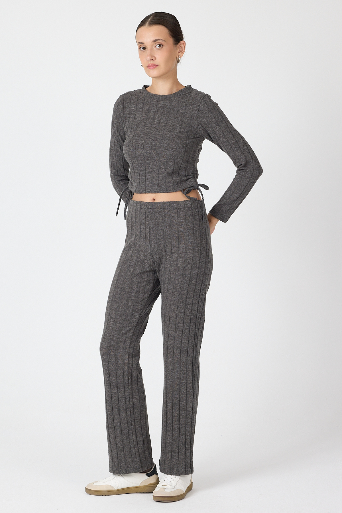 Antrasit Fitilli Crop Bluz Pantolon İkili Takımı 8114A - RAYS