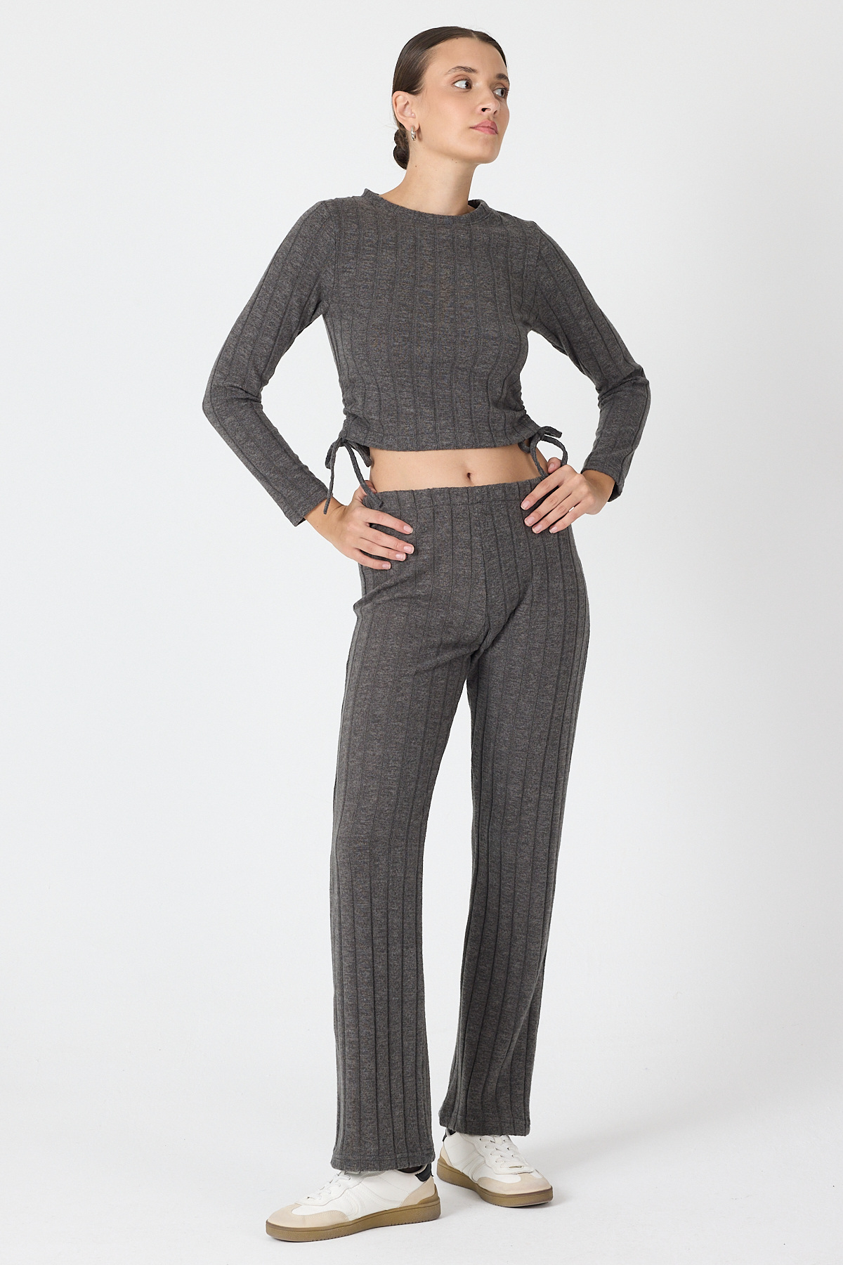 Antrasit Fitilli Crop Bluz Pantolon İkili Takımı 8114A - RAYS