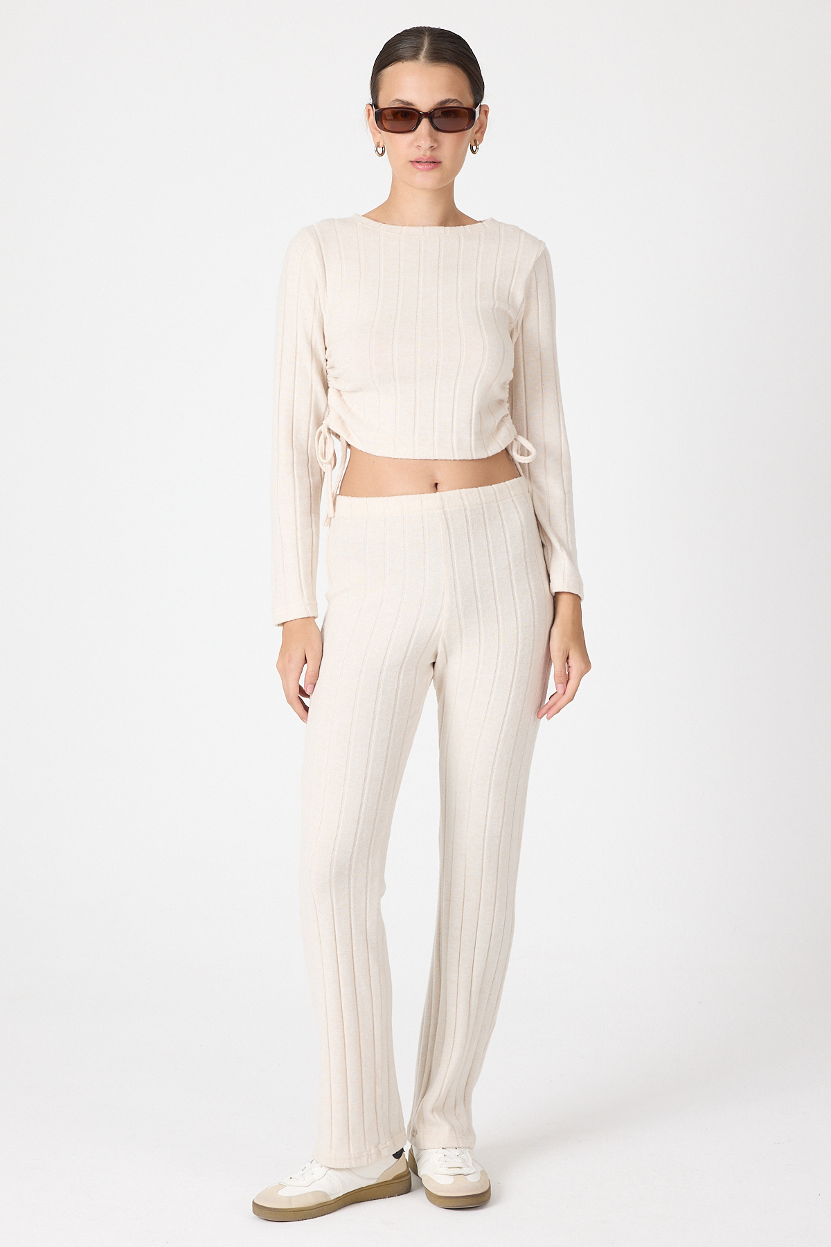 Bej Fitilli Crop Bluz Pantolon İkili Takımı 8114A - 1