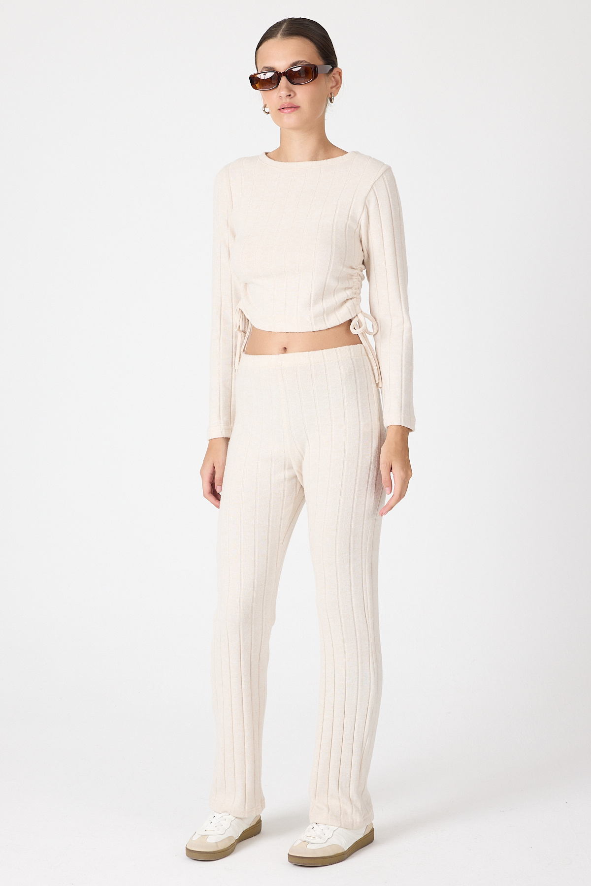Bej Fitilli Crop Bluz Pantolon İkili Takımı 8114A - 2