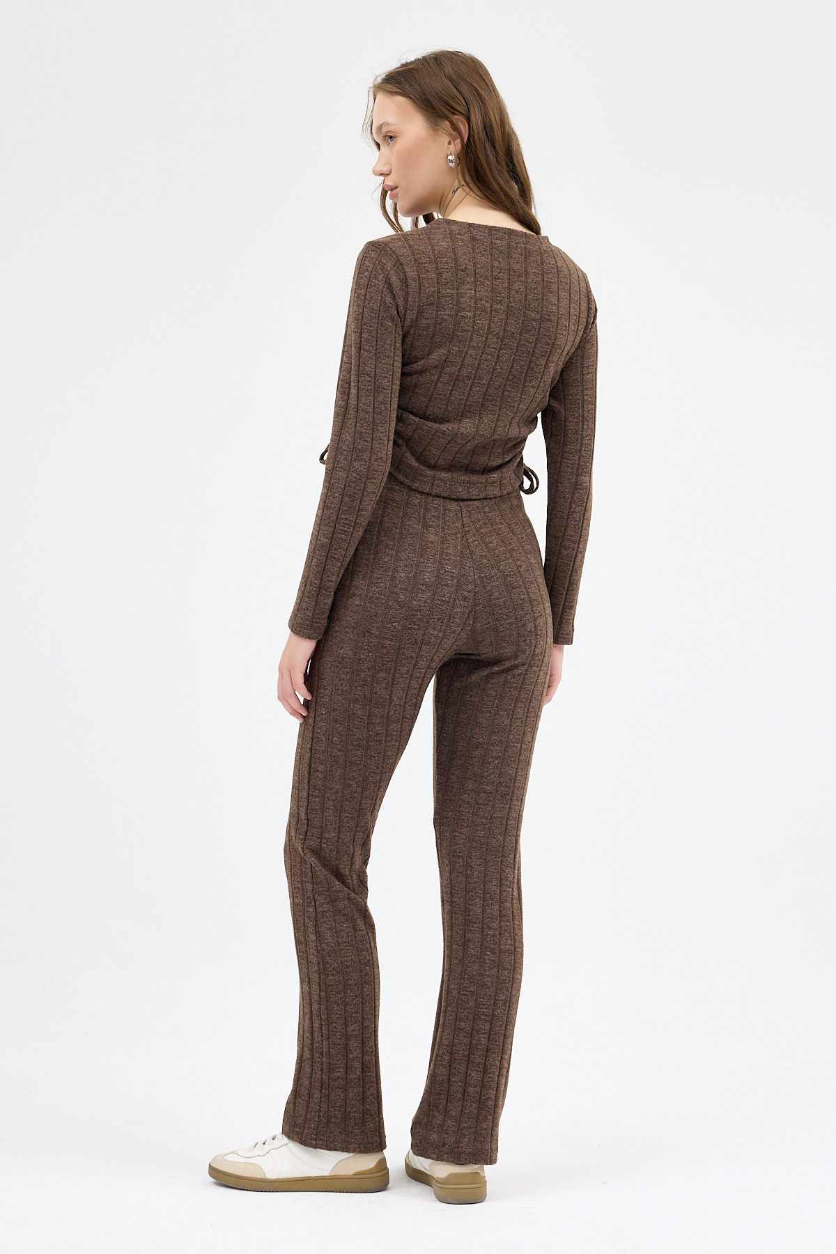 Kahve Fitilli Crop Bluz Pantolon İkili Takımı 8114A - 5