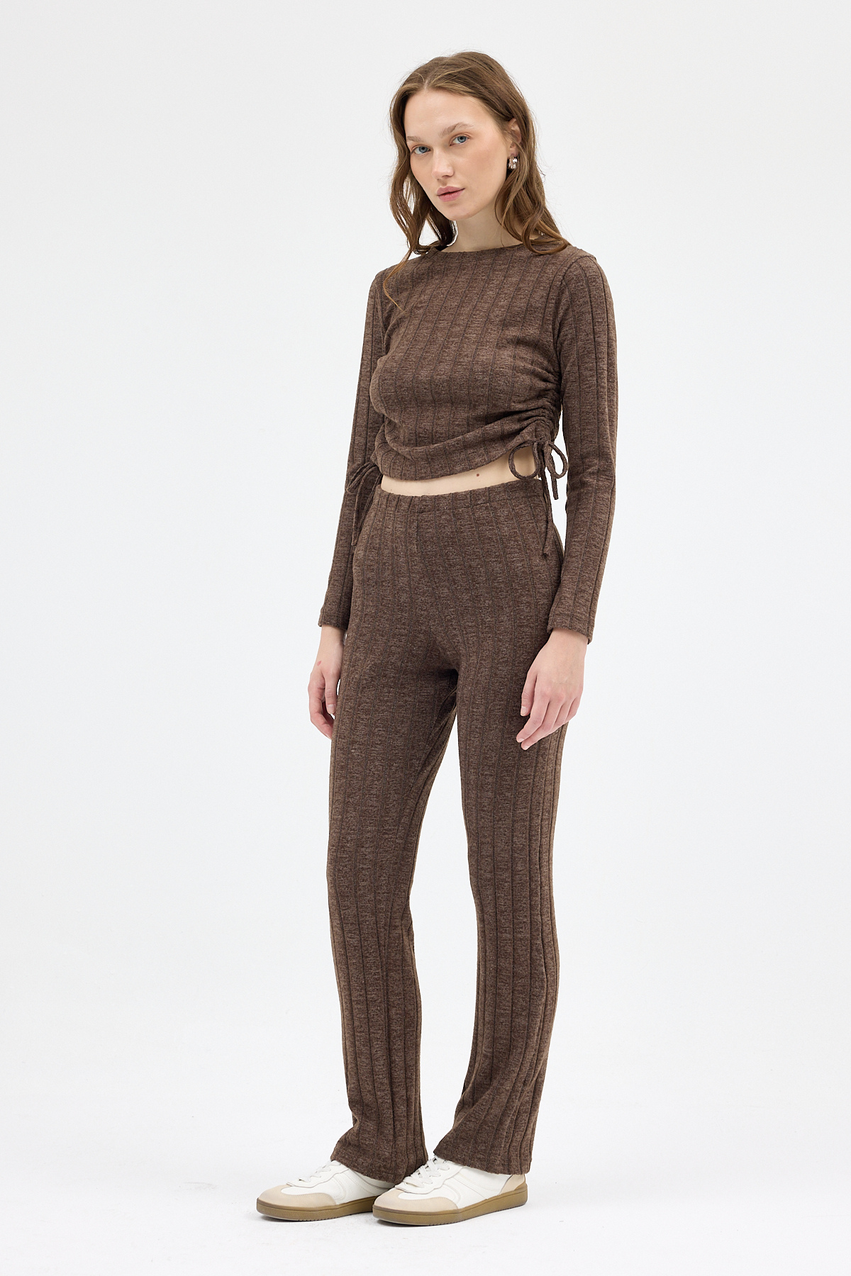 Kahve Fitilli Crop Bluz Pantolon İkili Takımı 8114A 