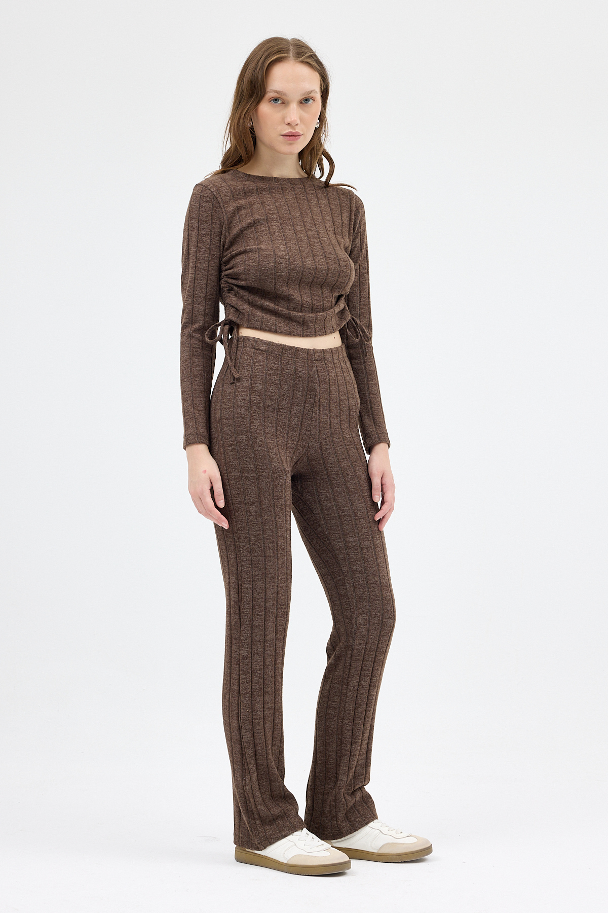 Kahve Fitilli Crop Bluz Pantolon İkili Takımı 8114A - RAYS