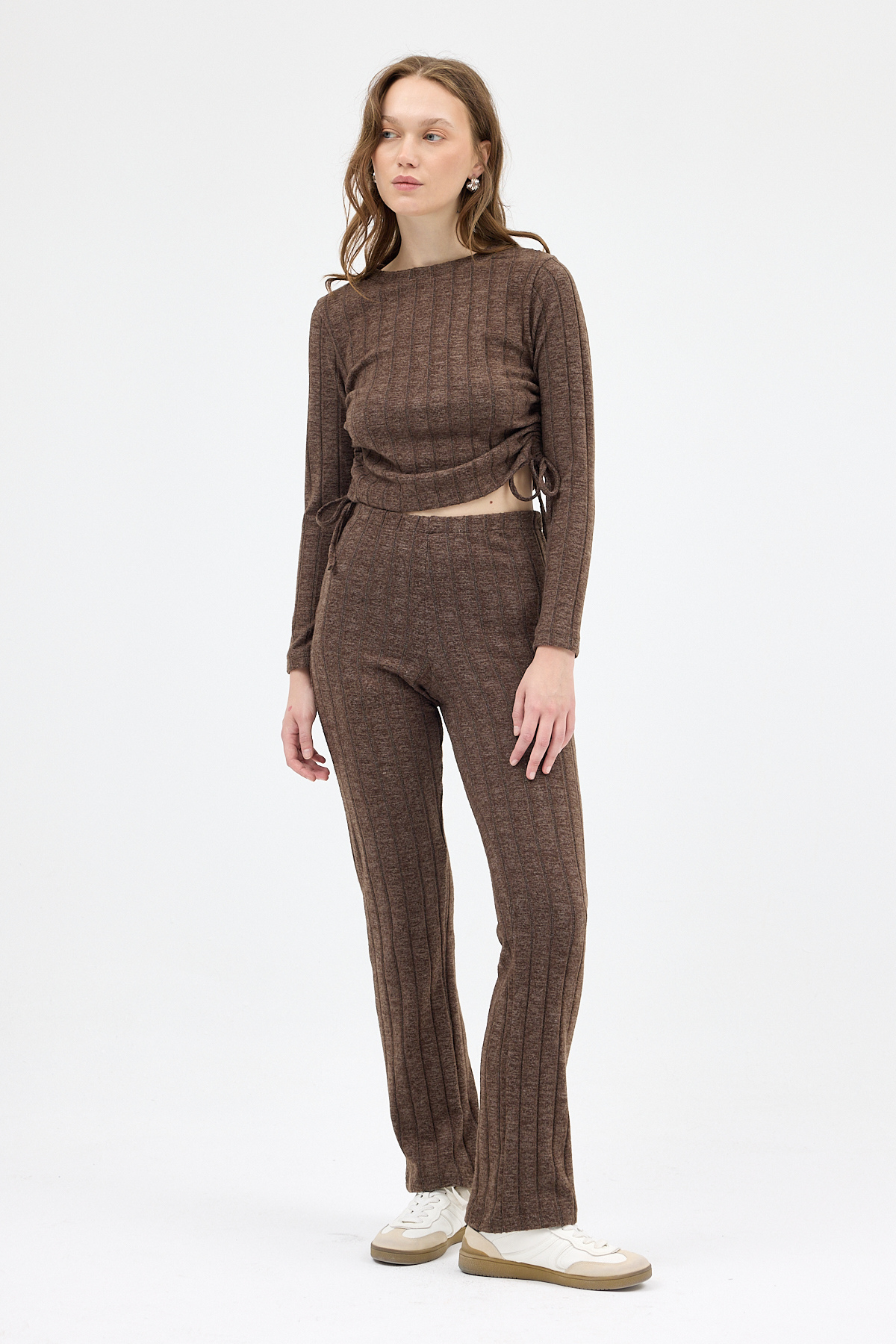 Kahve Fitilli Crop Bluz Pantolon İkili Takımı 8114A - RAYS