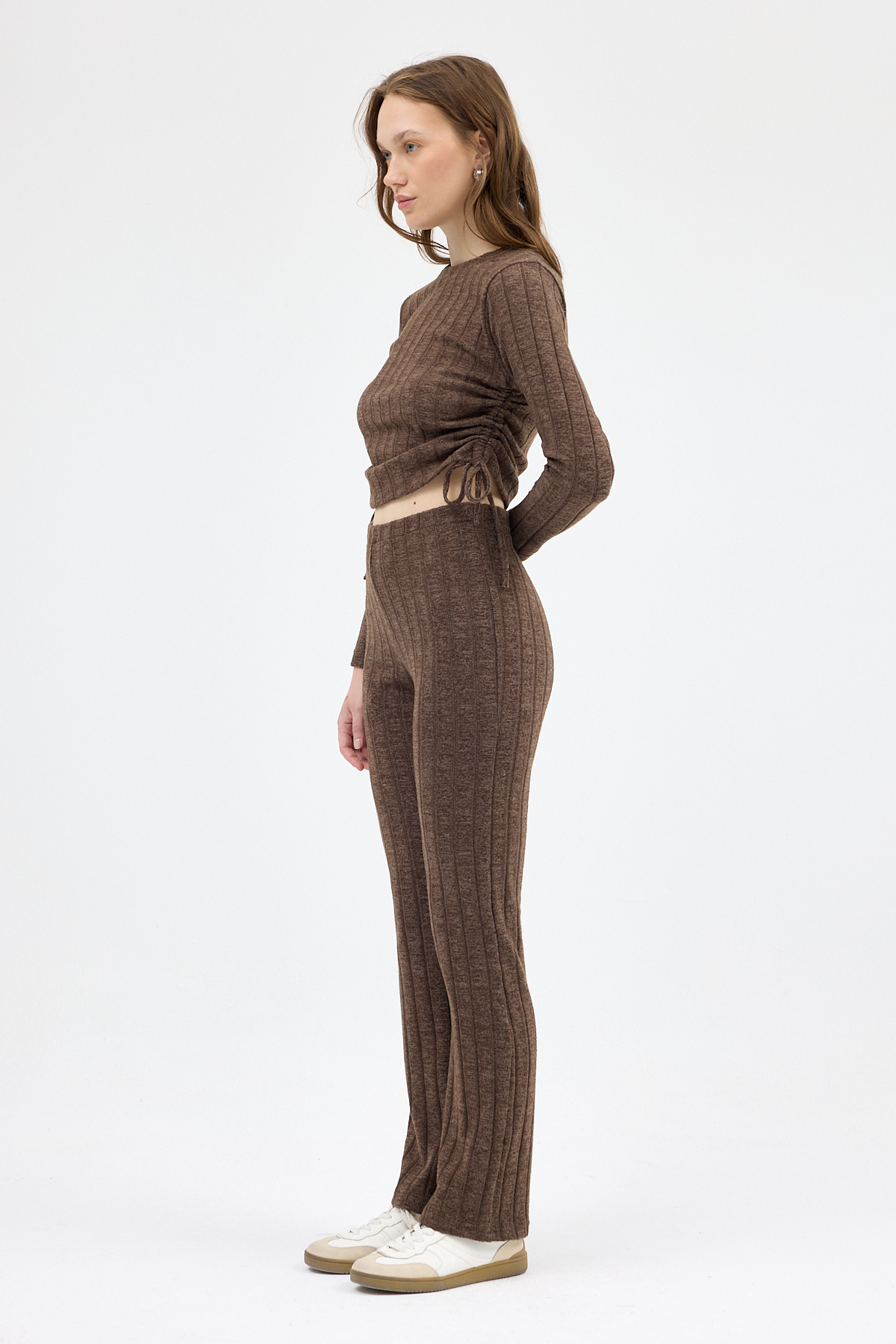 Kahve Fitilli Crop Bluz Pantolon İkili Takımı 8114A - 6