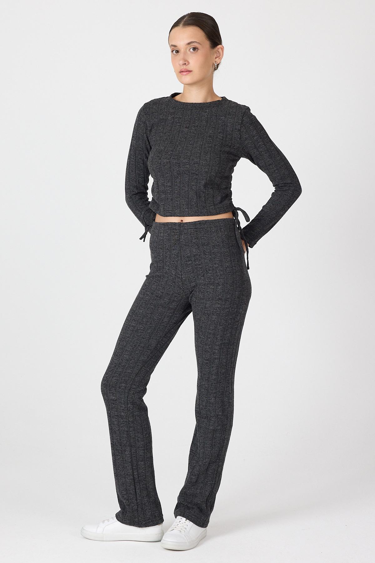 Siyah Fitilli Crop Bluz Pantolon İkili Takımı 8114A - 1