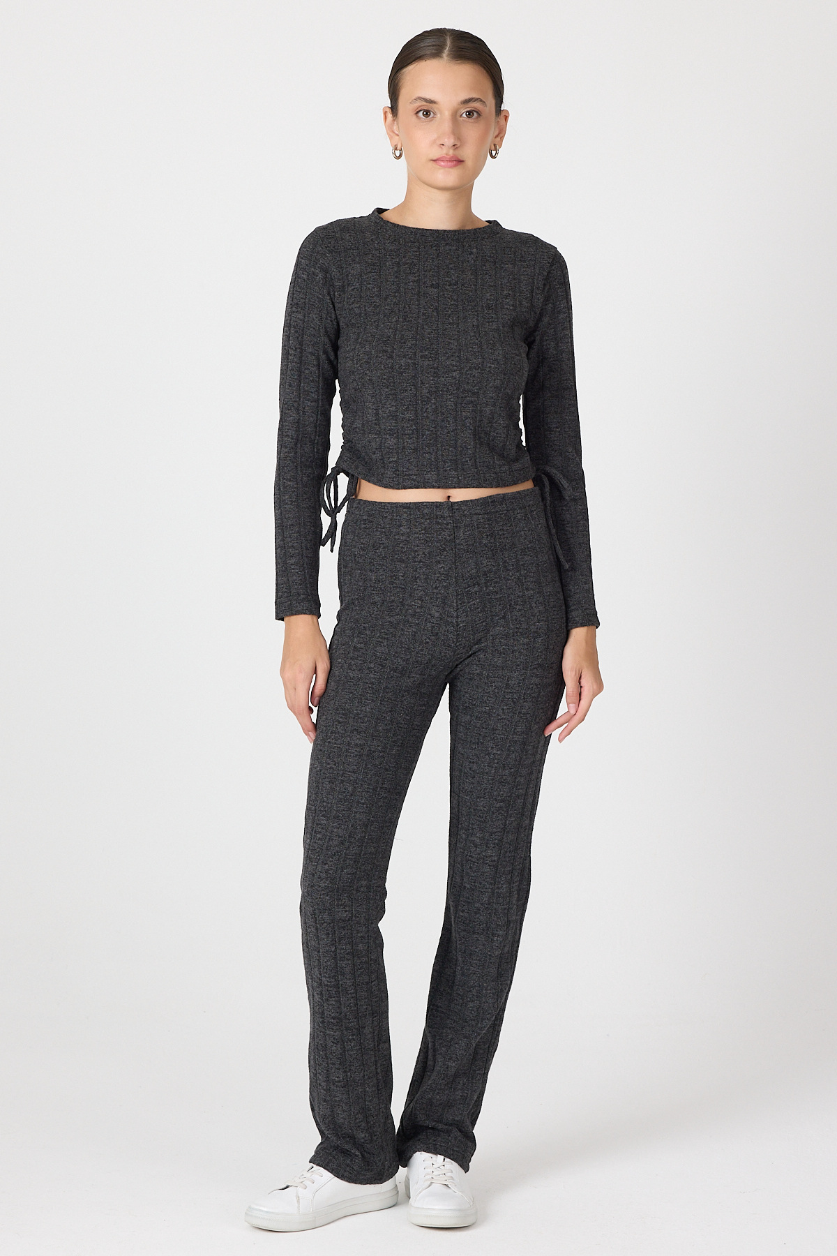 Siyah Fitilli Crop Bluz Pantolon İkili Takımı 8114A - 2