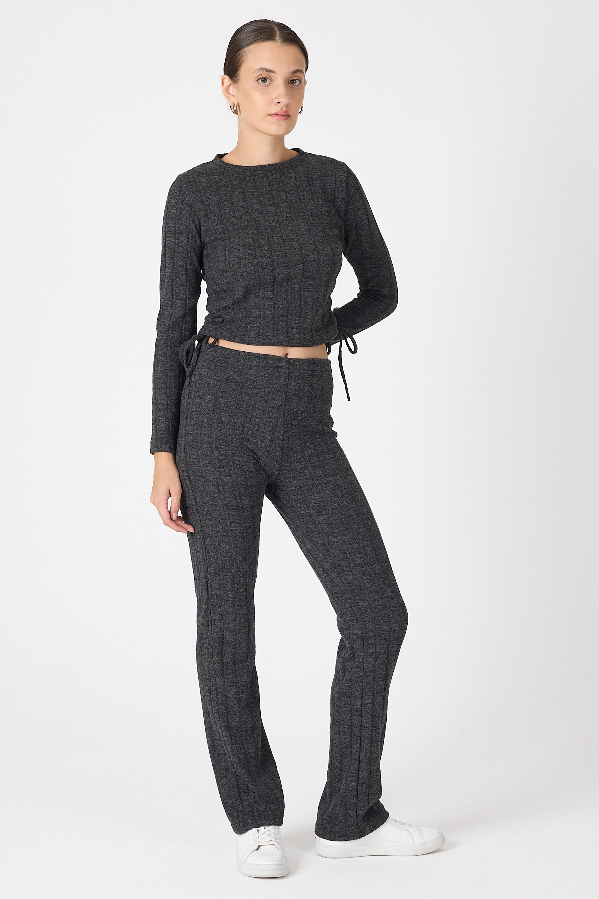 Siyah Fitilli Crop Bluz Pantolon İkili Takımı 8114A - 3