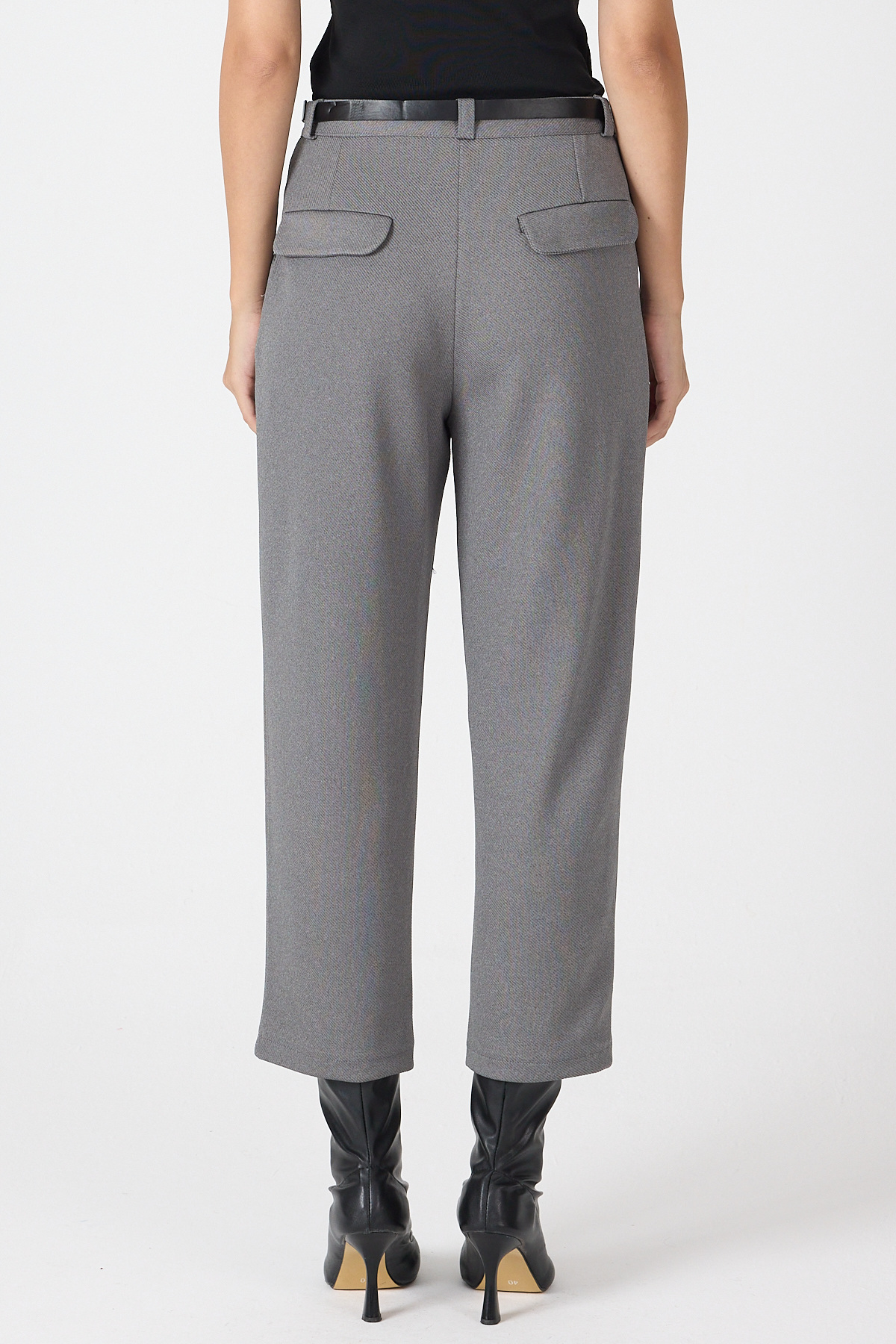 Antrasit Pileli Kemerli Kadın Kumaş Pantolon 8120A - 5