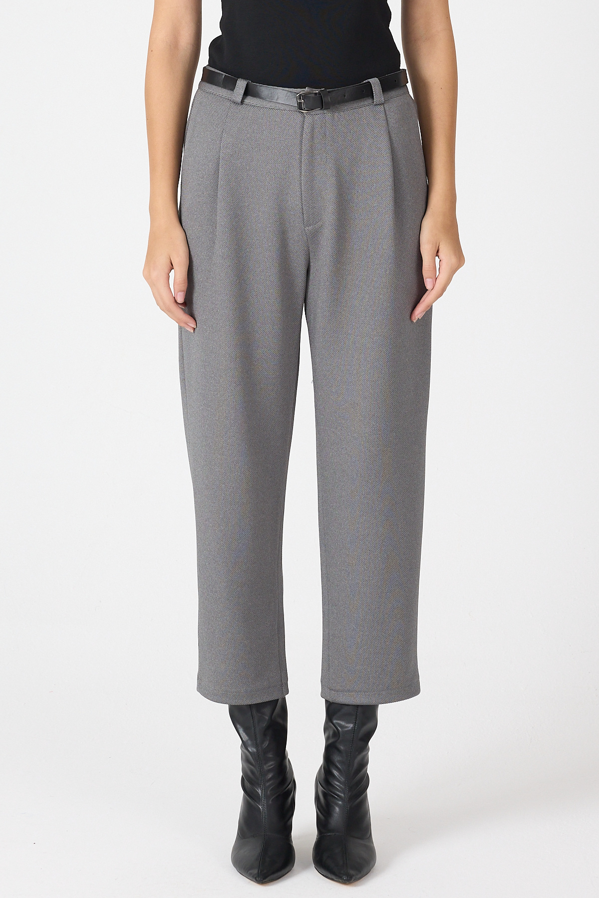 Antrasit Pileli Kemerli Kadın Kumaş Pantolon 8120A - 3