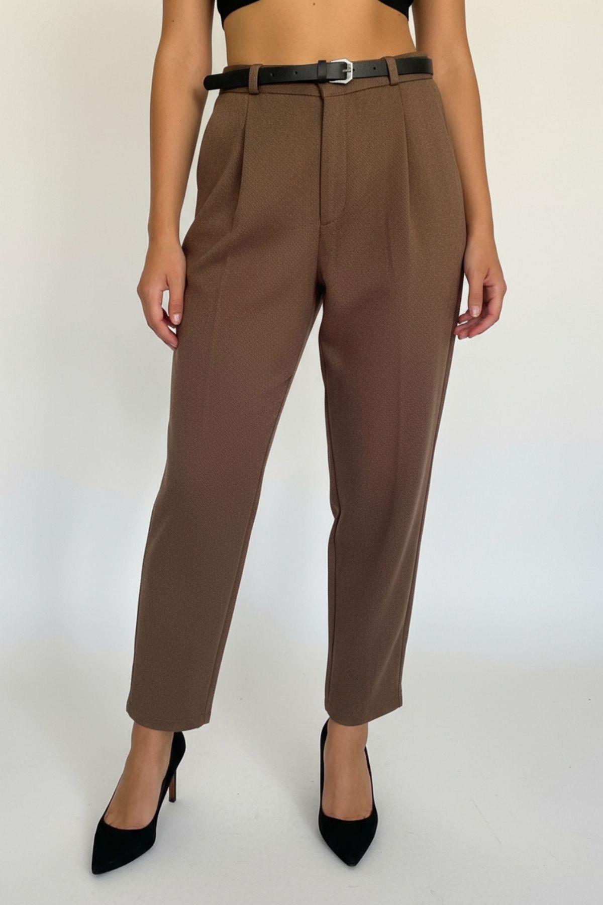 8120A Fermuarlı Kemerli Pantolon Kahve - 1