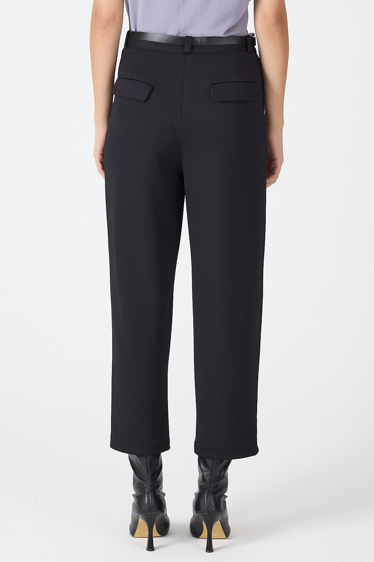 Siyah Pileli Kemerli Kadın Kumaş Pantolon 8120A - 5