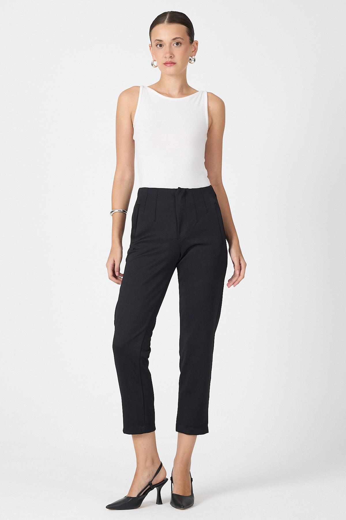Siyah Yüksek Bel Pens Detaylı Kadın Pantolon 8122A 