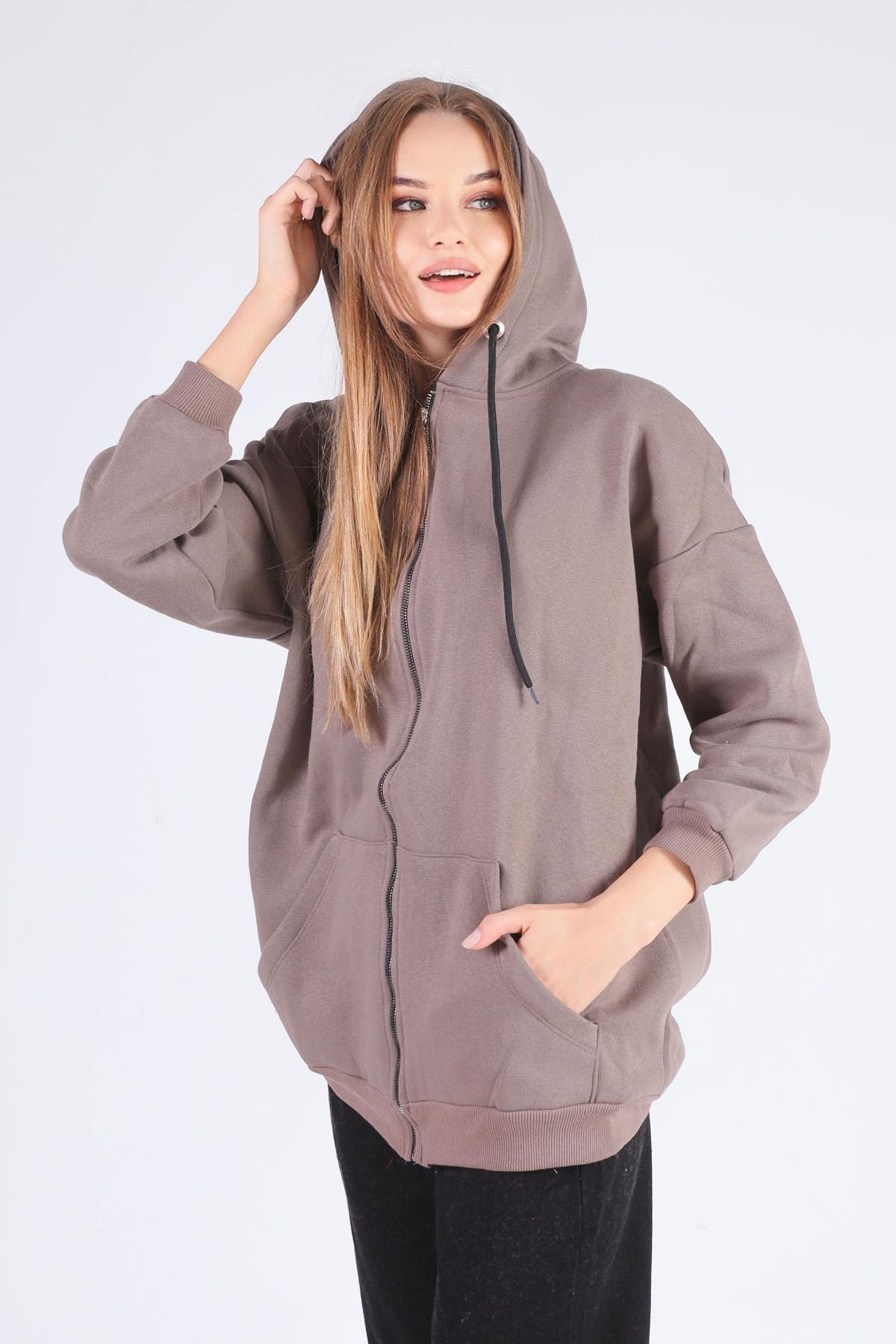 Acı Kahve Oversize Uzun Fermuarlı Sweat 8124M - 1