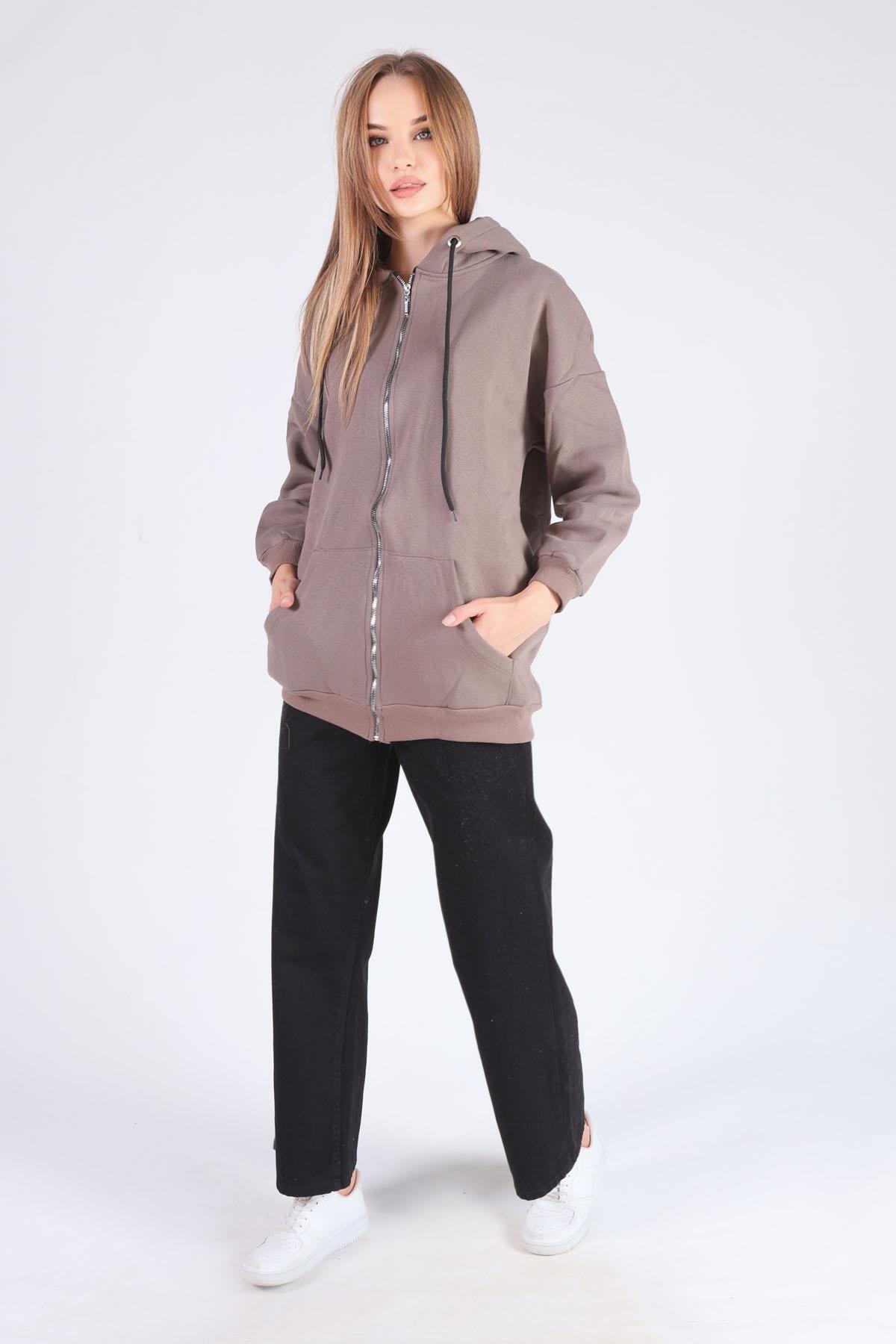 Acı Kahve Oversize Uzun Fermuarlı Sweat 8124M - 2