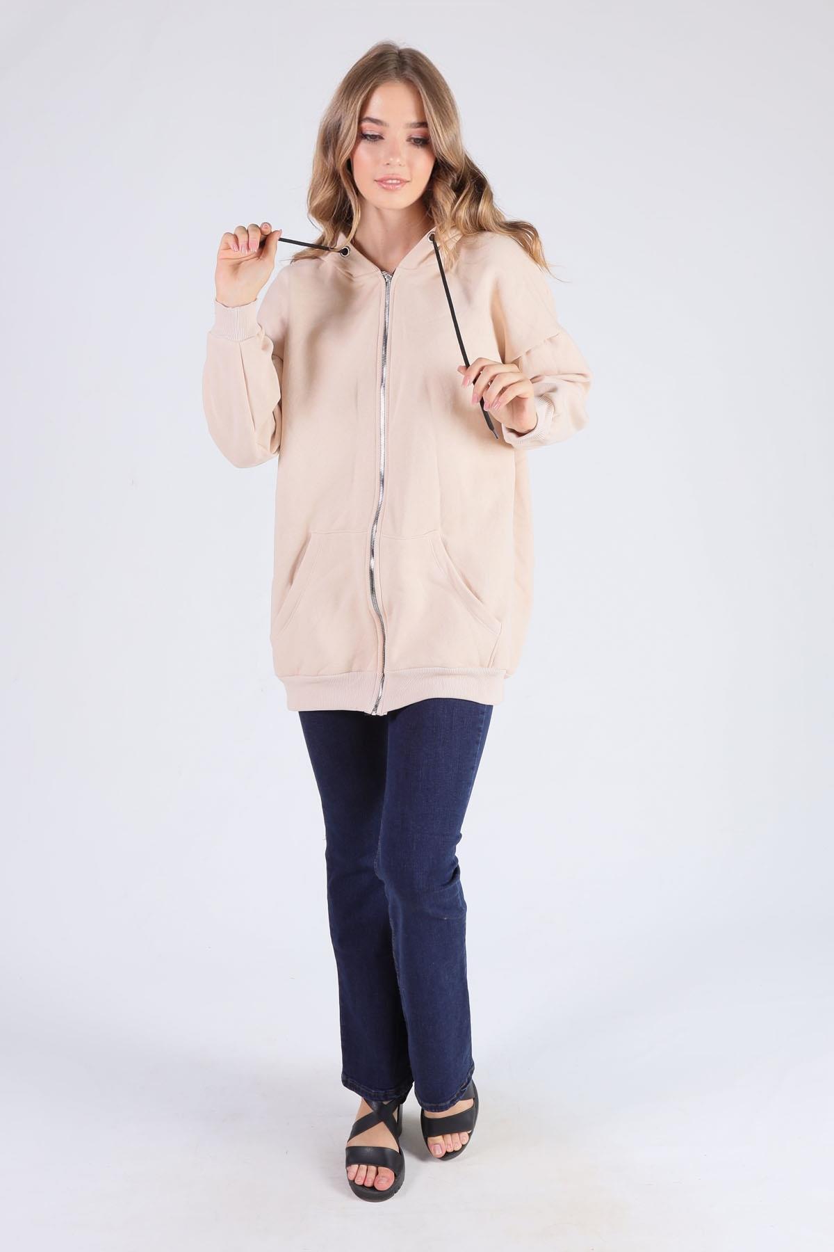 Bej Oversize Uzun Fermuarlı Sweat 8124M - 2