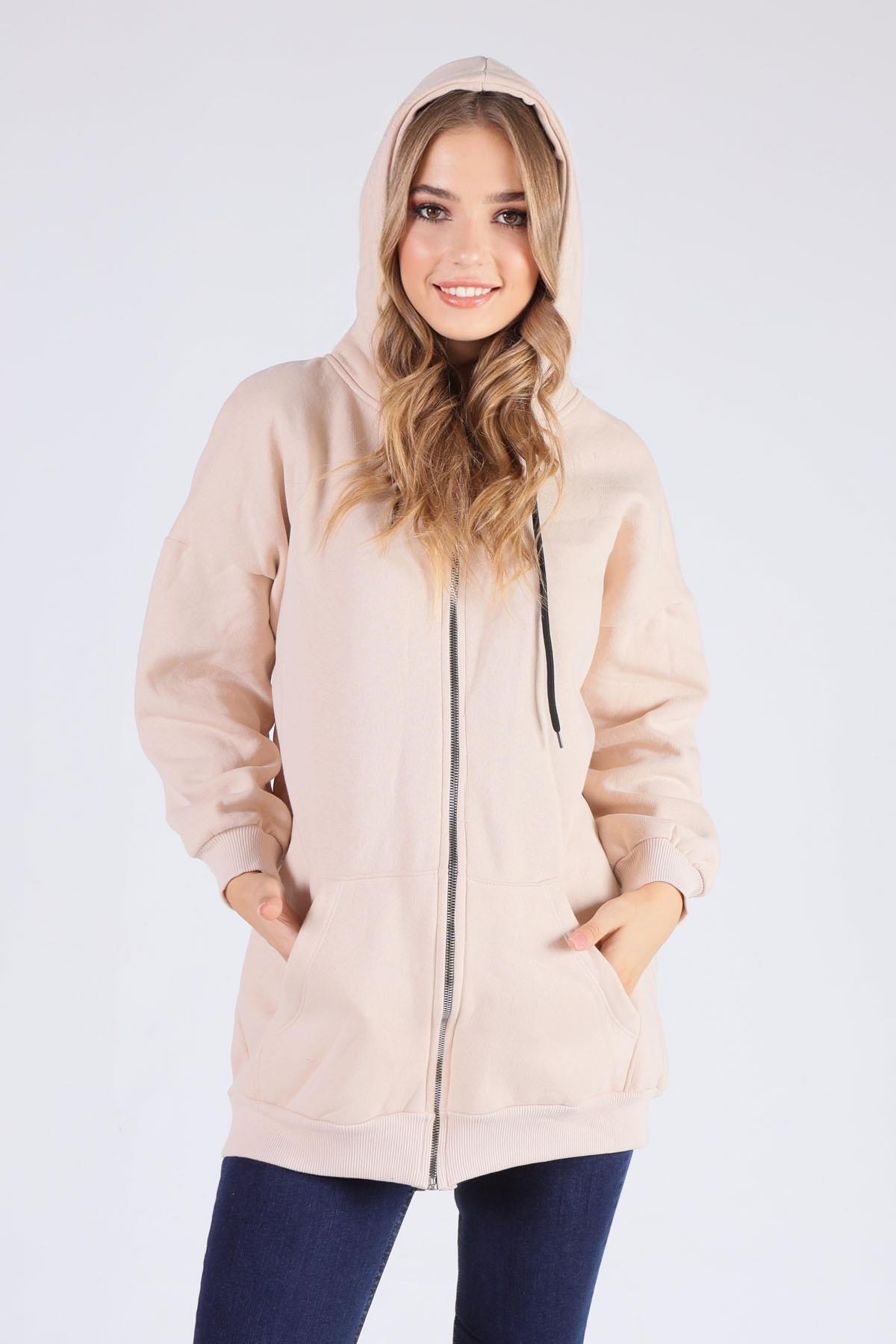 Bej Oversize Uzun Fermuarlı Sweat 8124M - 3
