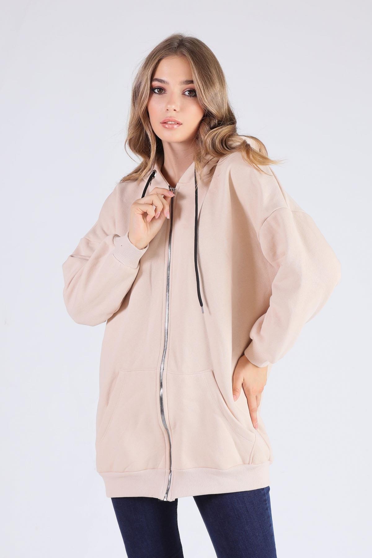 8124M Oversize Uzun Fermuarlı Sweat Bej - 1