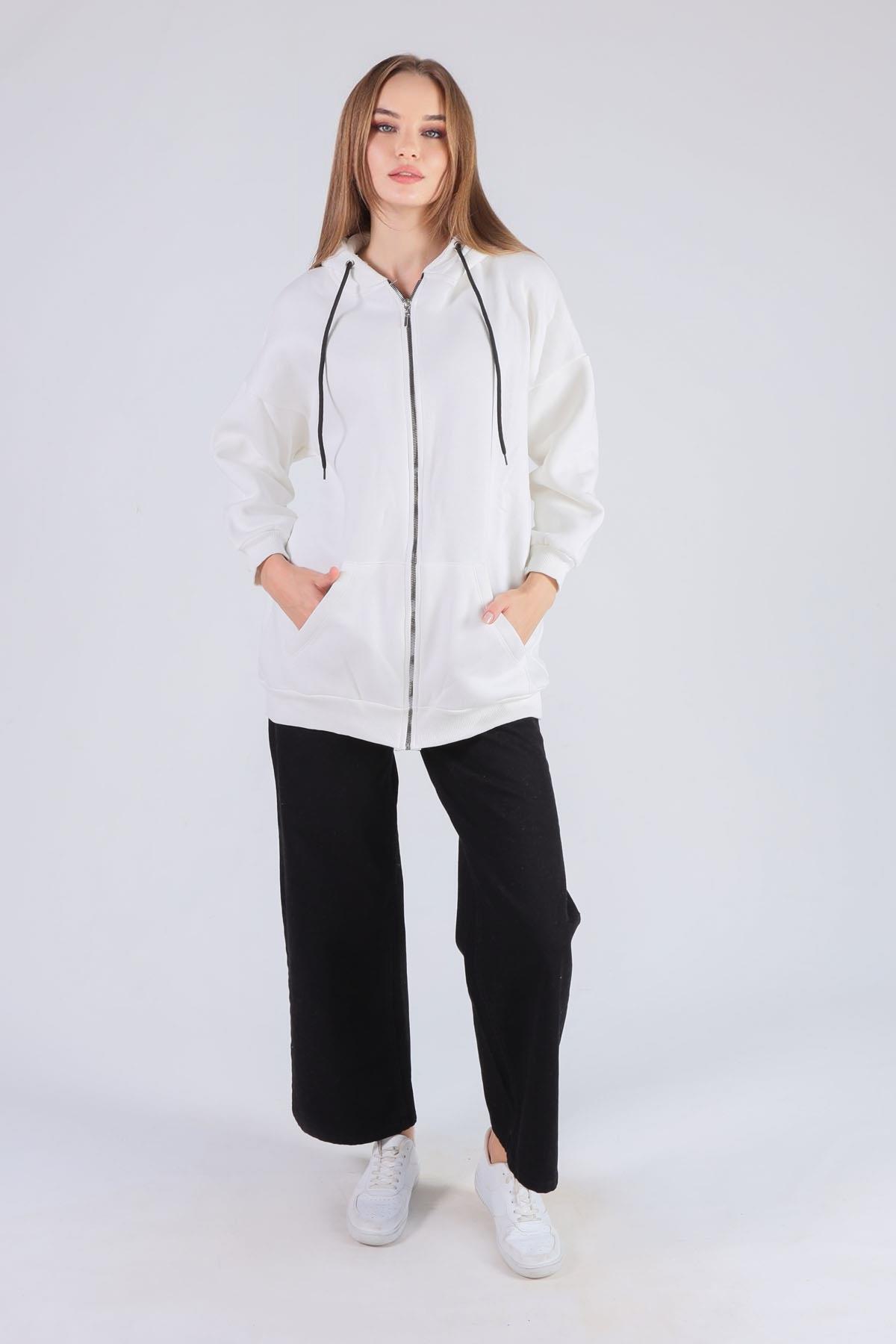 Ekru Oversize Uzun Fermuarlı Sweat 8124M - 2