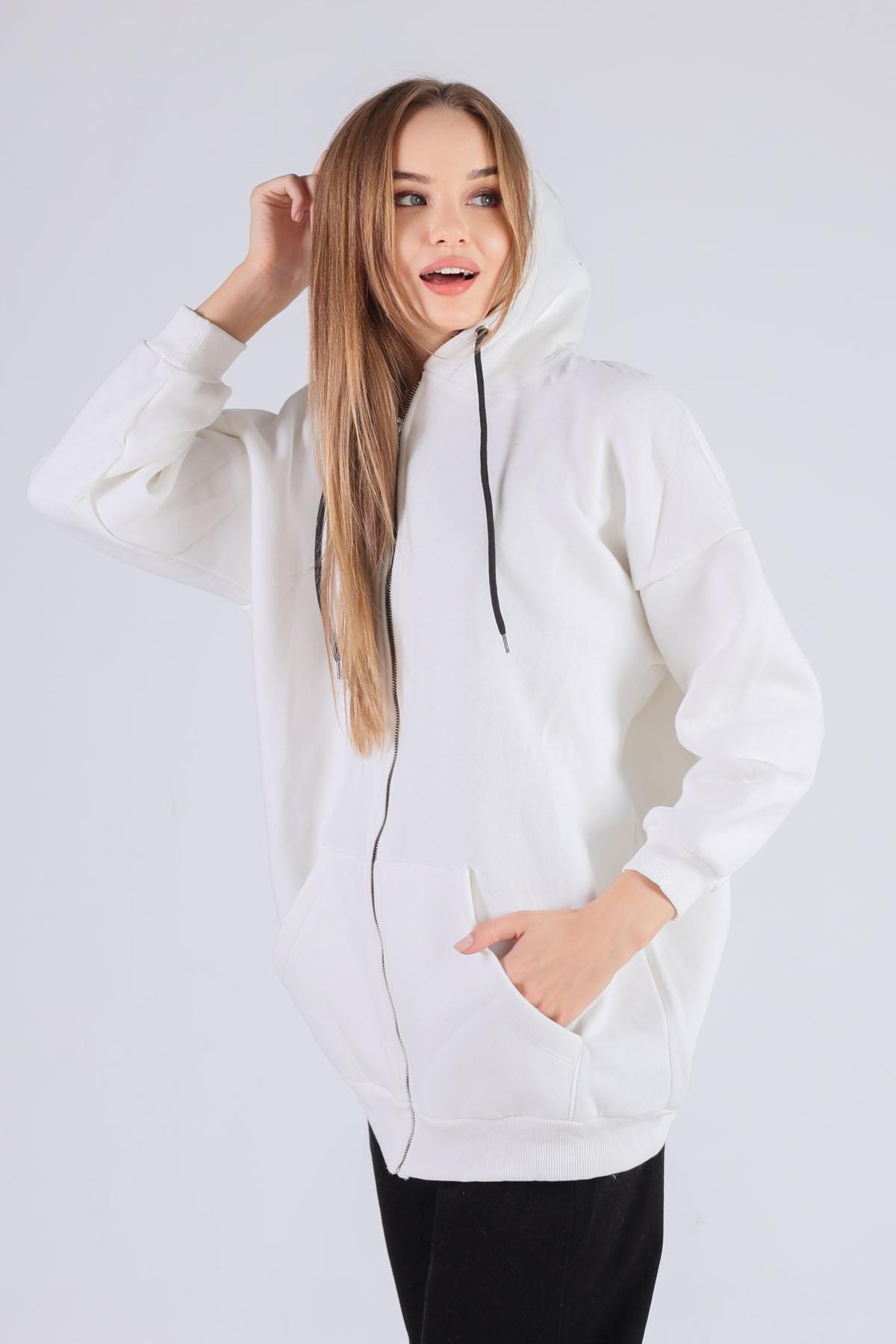 Ekru Oversize Uzun Fermuarlı Sweat 8124M - 3