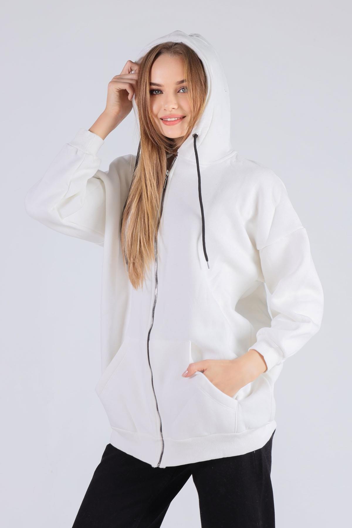 Ekru Oversize Uzun Fermuarlı Sweat 8124M 