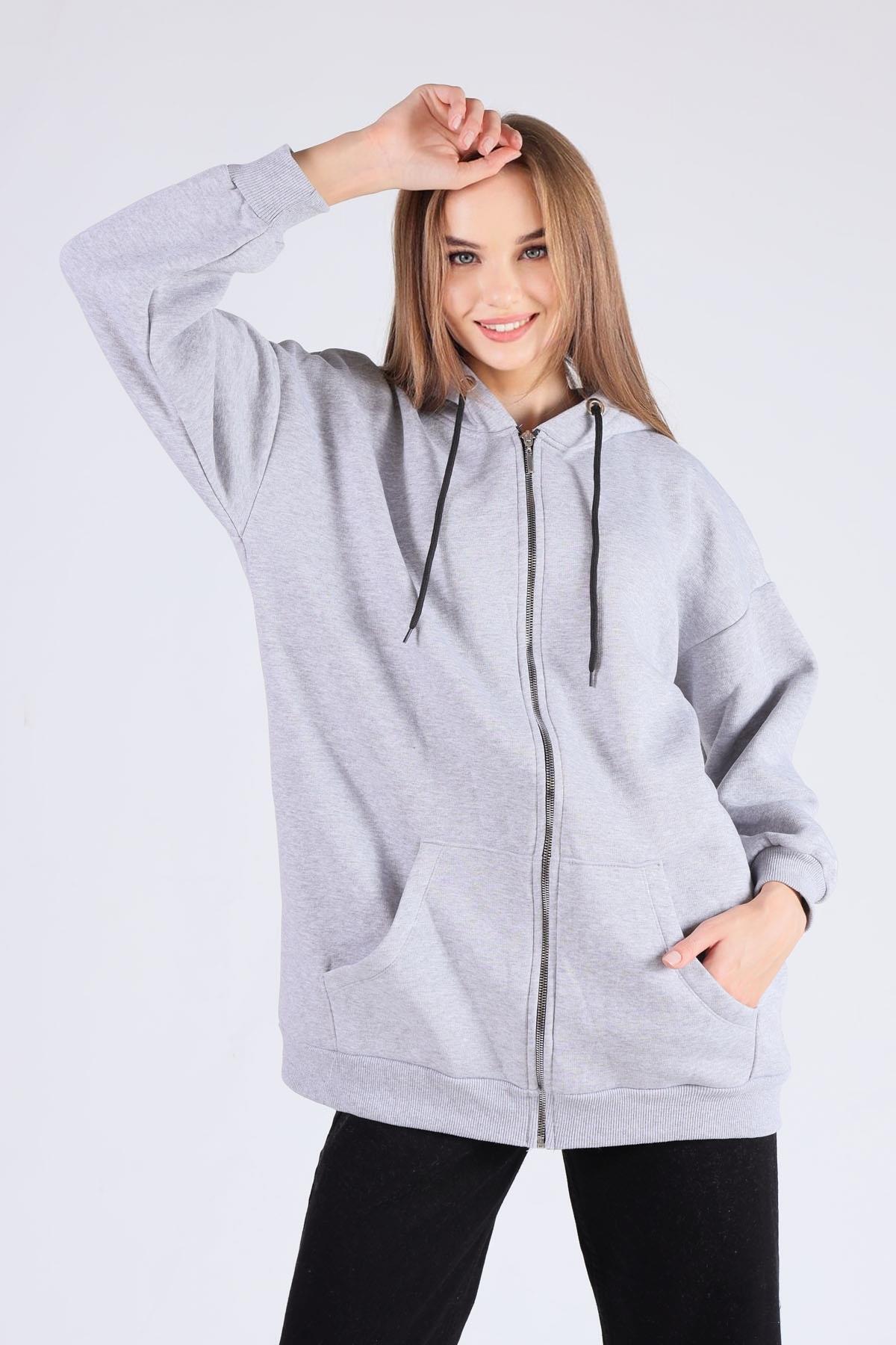 8124M Oversize Uzun Fermuarlı Sweat Gri - 3