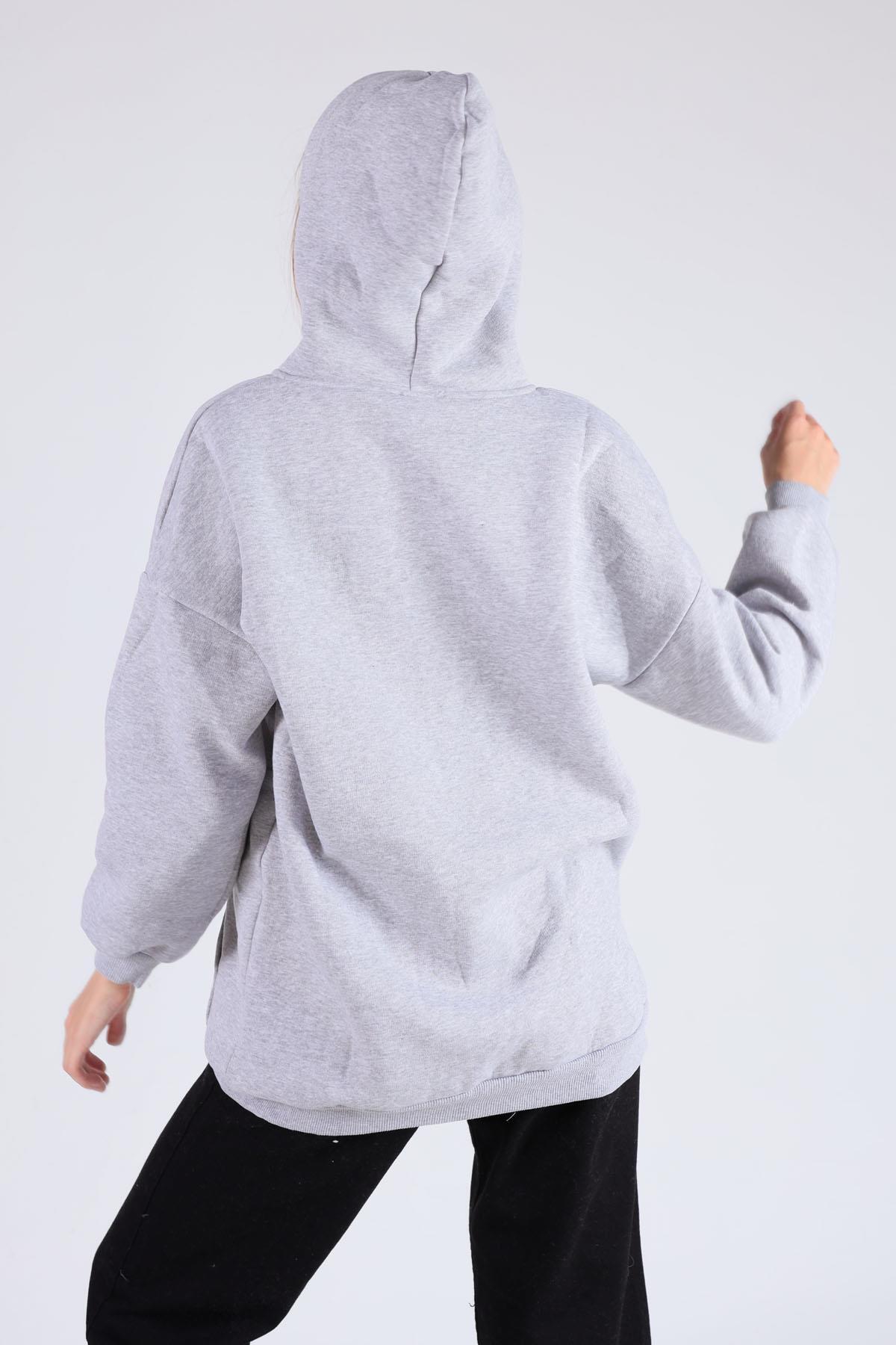 8124M Oversize Uzun Fermuarlı Sweat Gri - 4