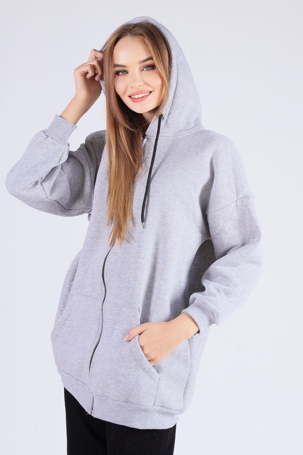 8124M Oversize Uzun Fermuarlı Sweat Gri - 1