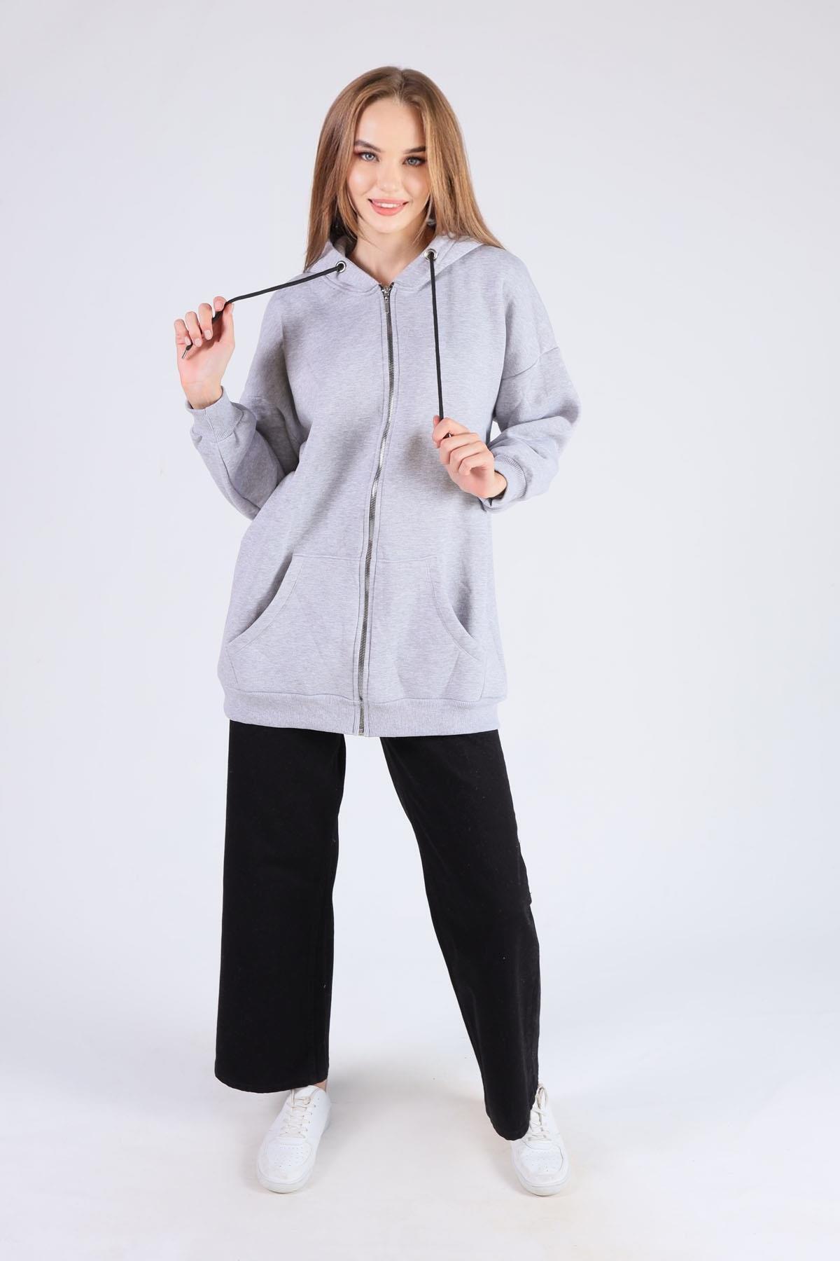 8124M Oversize Uzun Fermuarlı Sweat Gri - 2