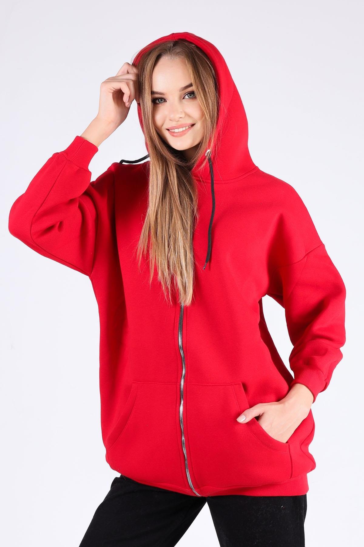 Kırmızı Oversize Uzun Fermuarlı Sweat 8124M - 1