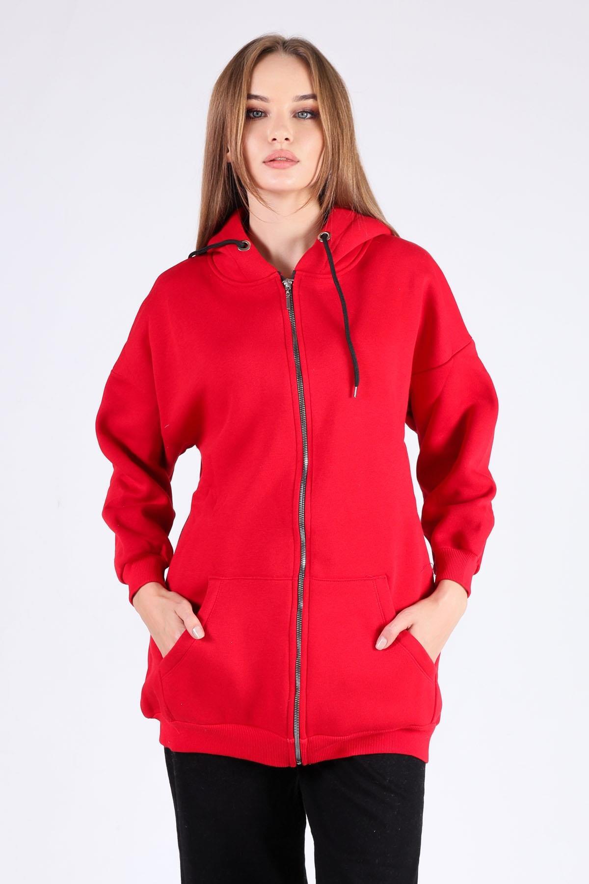 Kırmızı Oversize Uzun Fermuarlı Sweat 8124M - 3