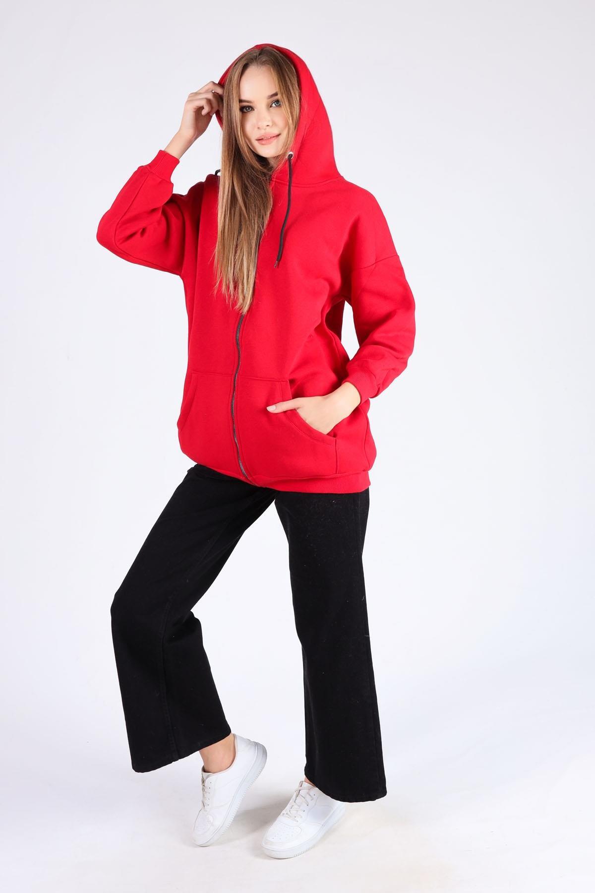 Kırmızı Oversize Uzun Fermuarlı Sweat 8124M - 4