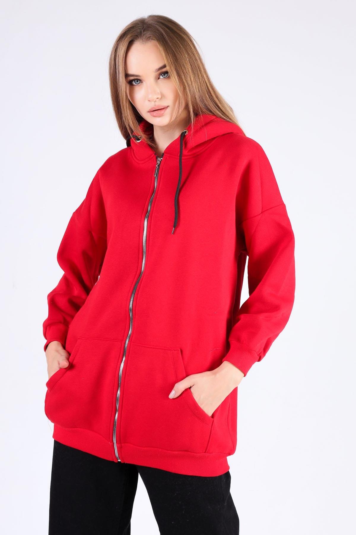 Kırmızı Oversize Uzun Fermuarlı Sweat 8124M - 2