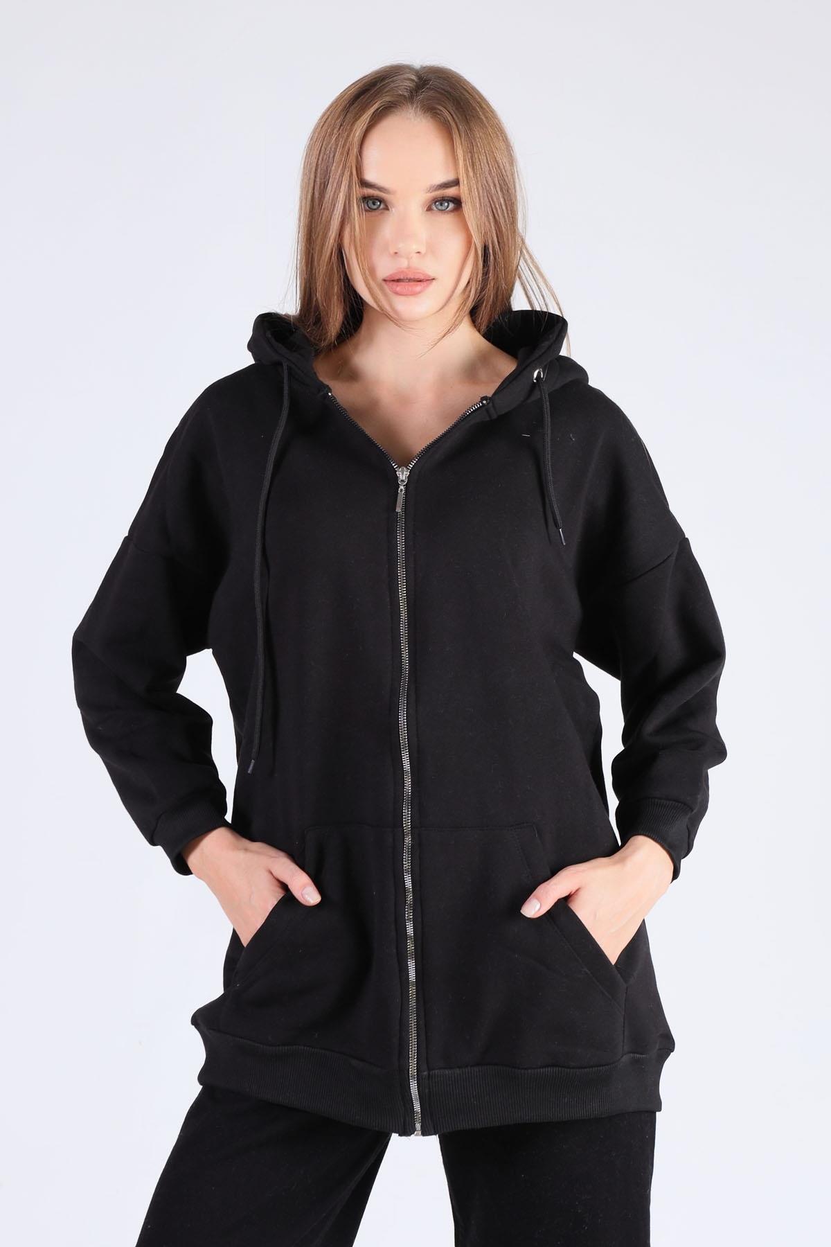 Siyah Oversize Uzun Fermuarlı Sweat 8124M - 1