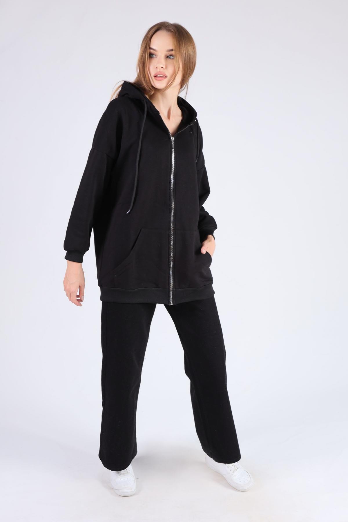 Siyah Oversize Uzun Fermuarlı Sweat 8124M - 2