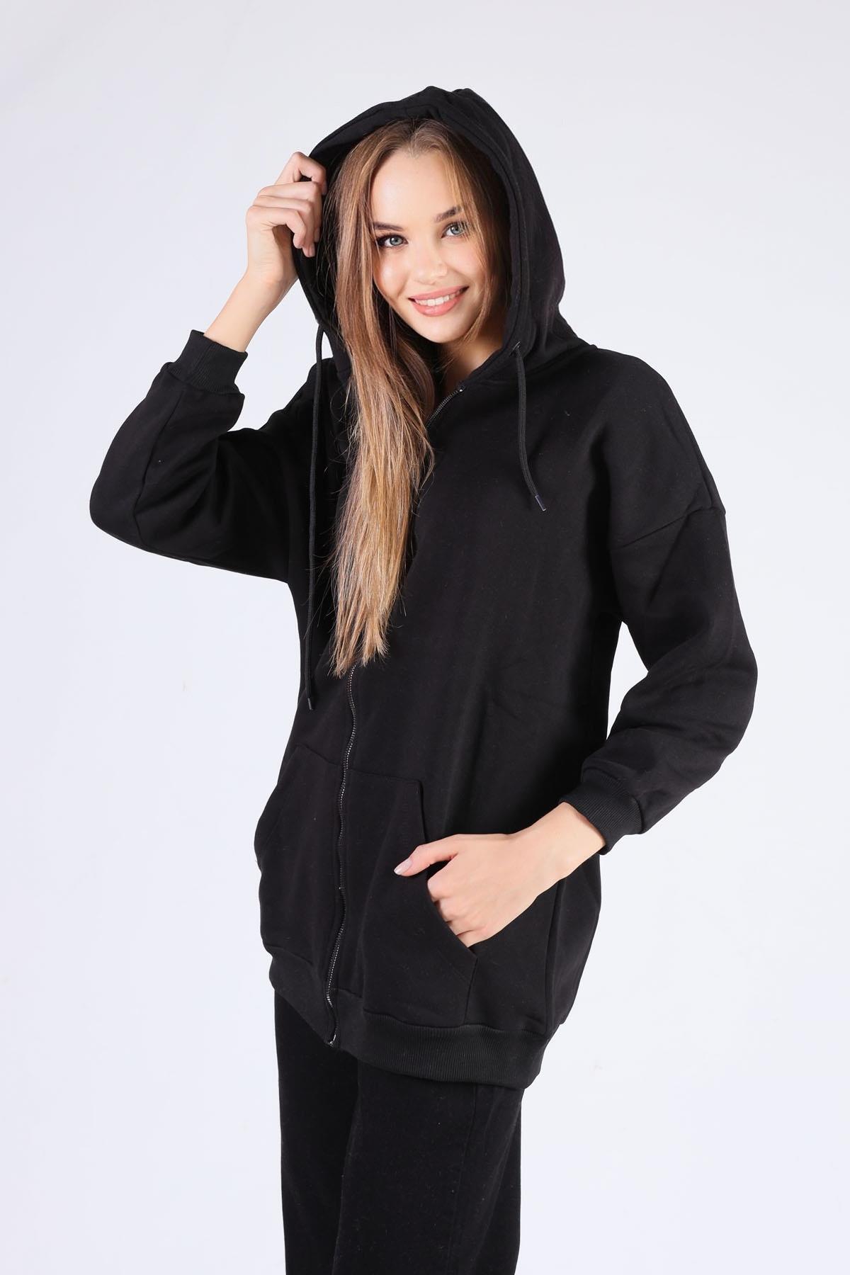 Siyah Oversize Uzun Fermuarlı Sweat 8124M - 3