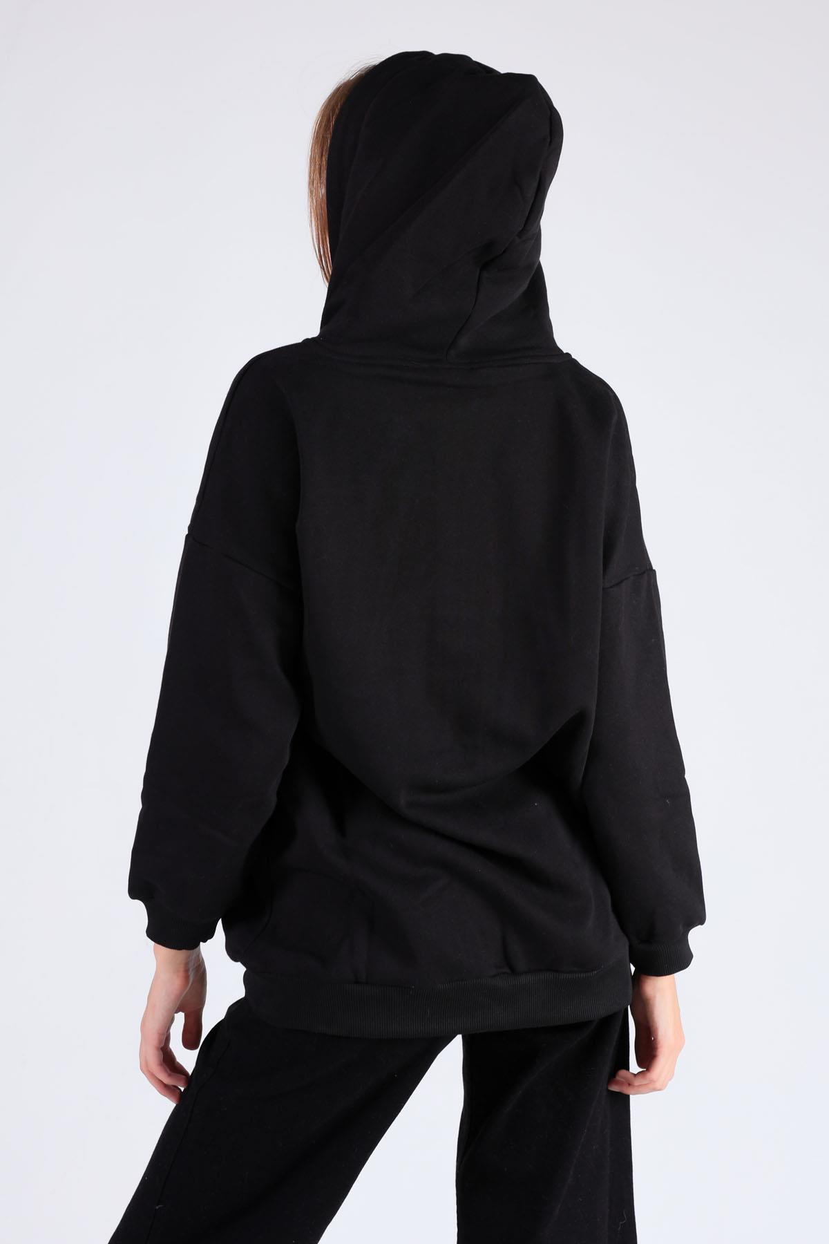 Siyah Oversize Uzun Fermuarlı Sweat 8124M - 4