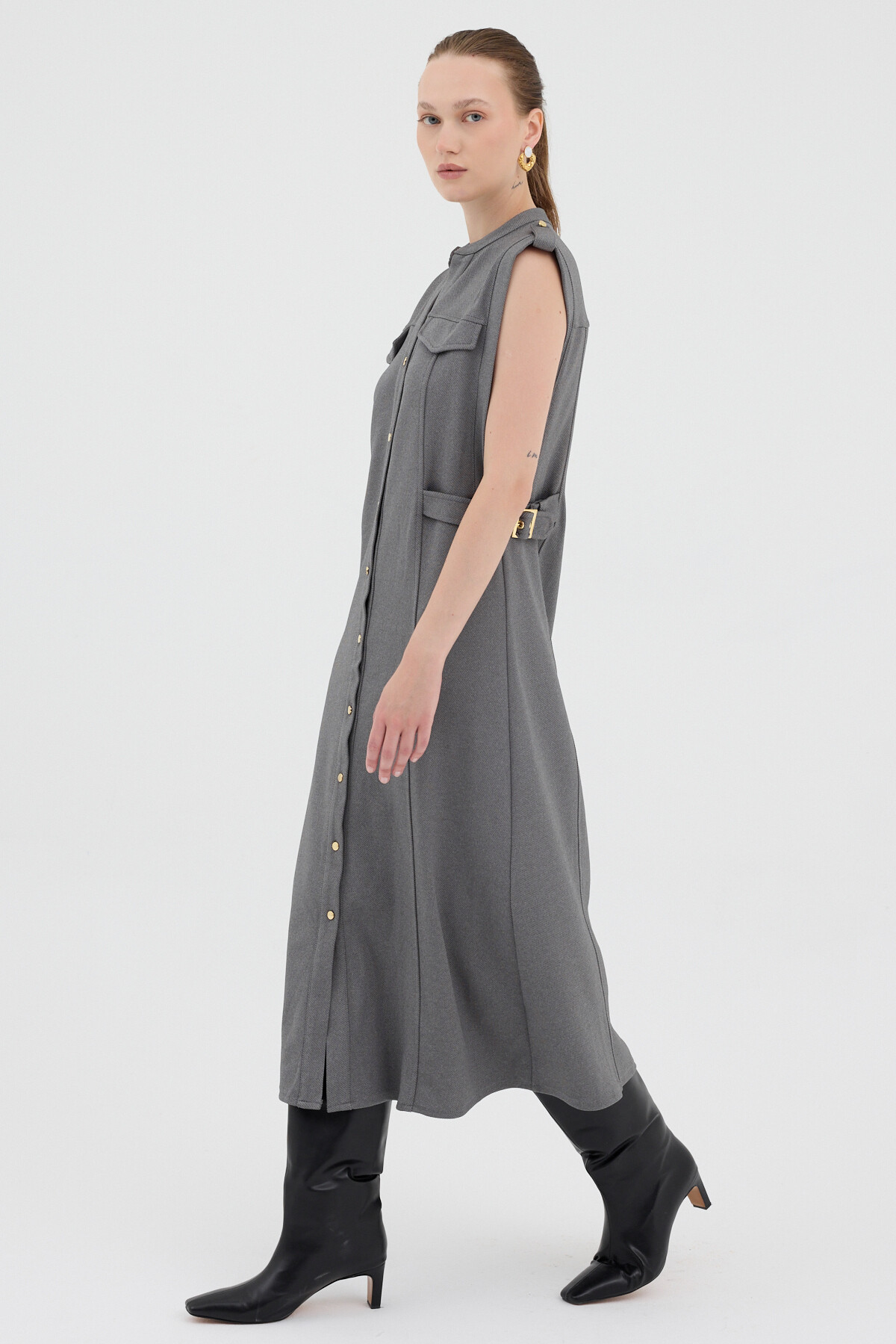 Antrasit Gold Düğme Detaylı Midi Elbise 8125A - RAYS