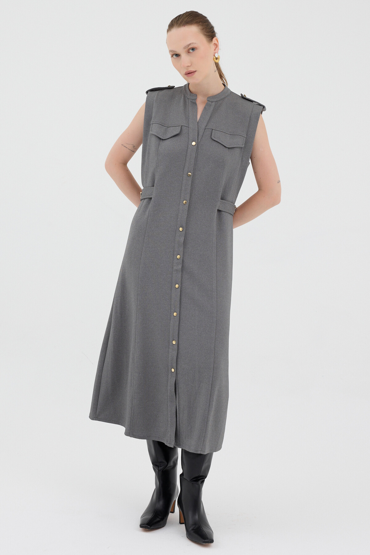 Antrasit Gold Düğme Detaylı Midi Elbise 8125A - 3